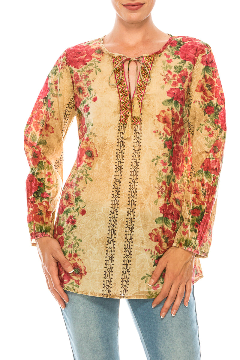 Vintage Boho Blouse with Embroidery and Drawstrings