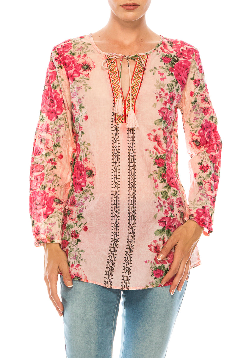 Vintage Boho Blouse with Embroidery and Drawstrings