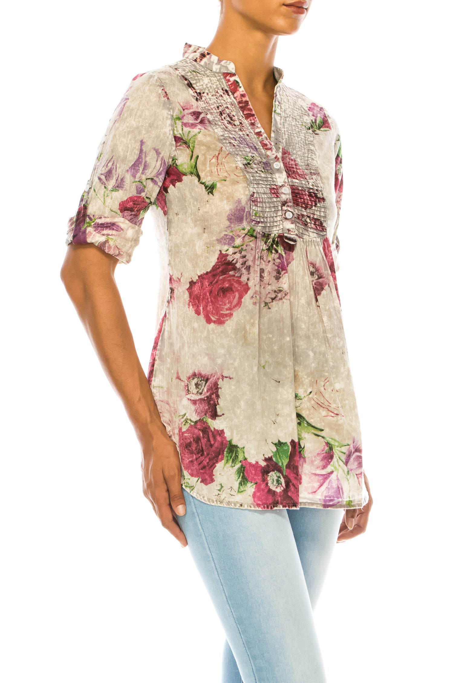 Vintage Floral Tunic with Pin Tucks & Roll Up Sleeves