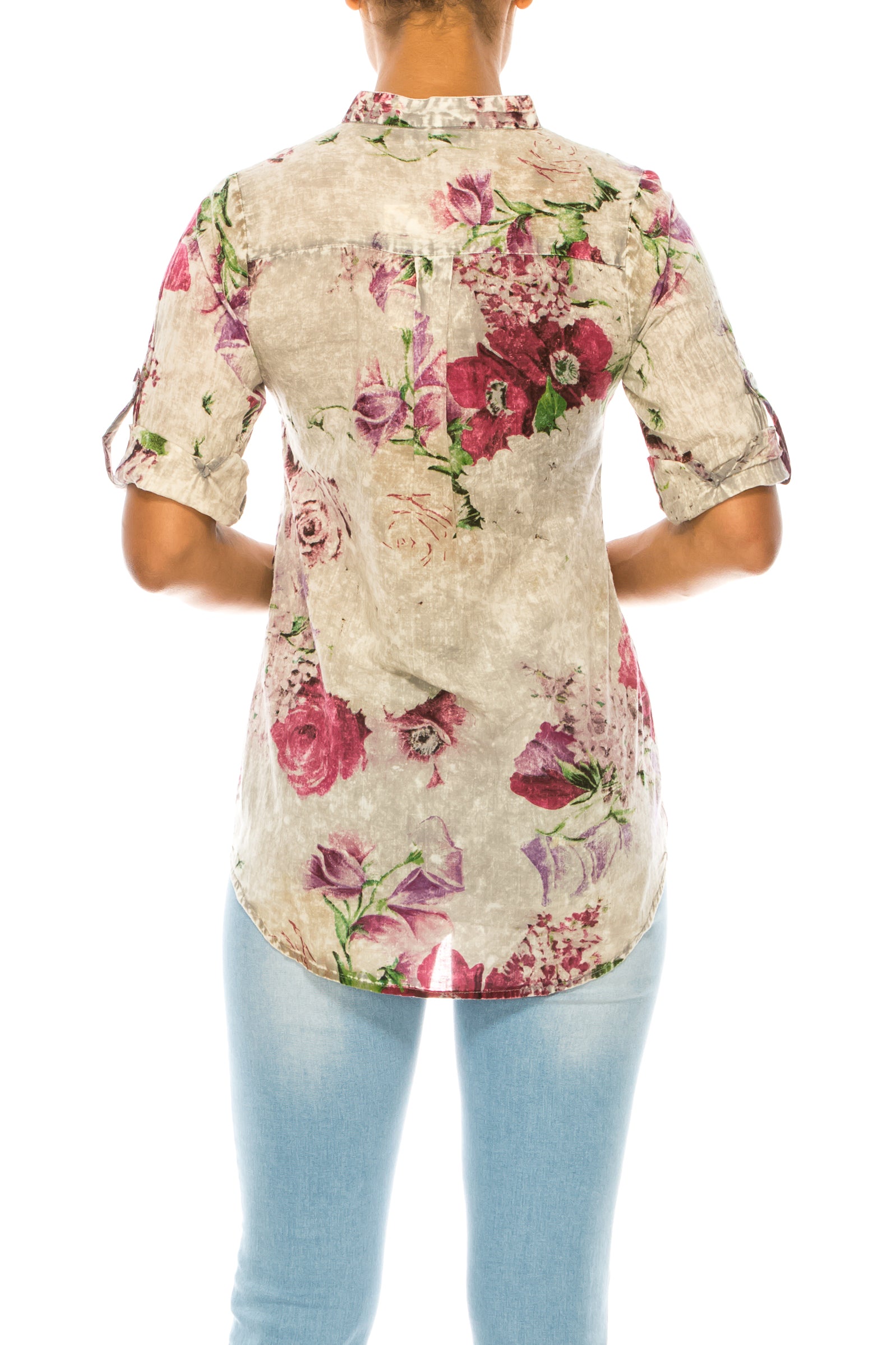 Vintage Floral Tunic with Pin Tucks & Roll Up Sleeves