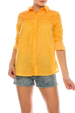 Load image into Gallery viewer, Textured Button-Down Shirt with Lace Inserts and Embroidery
