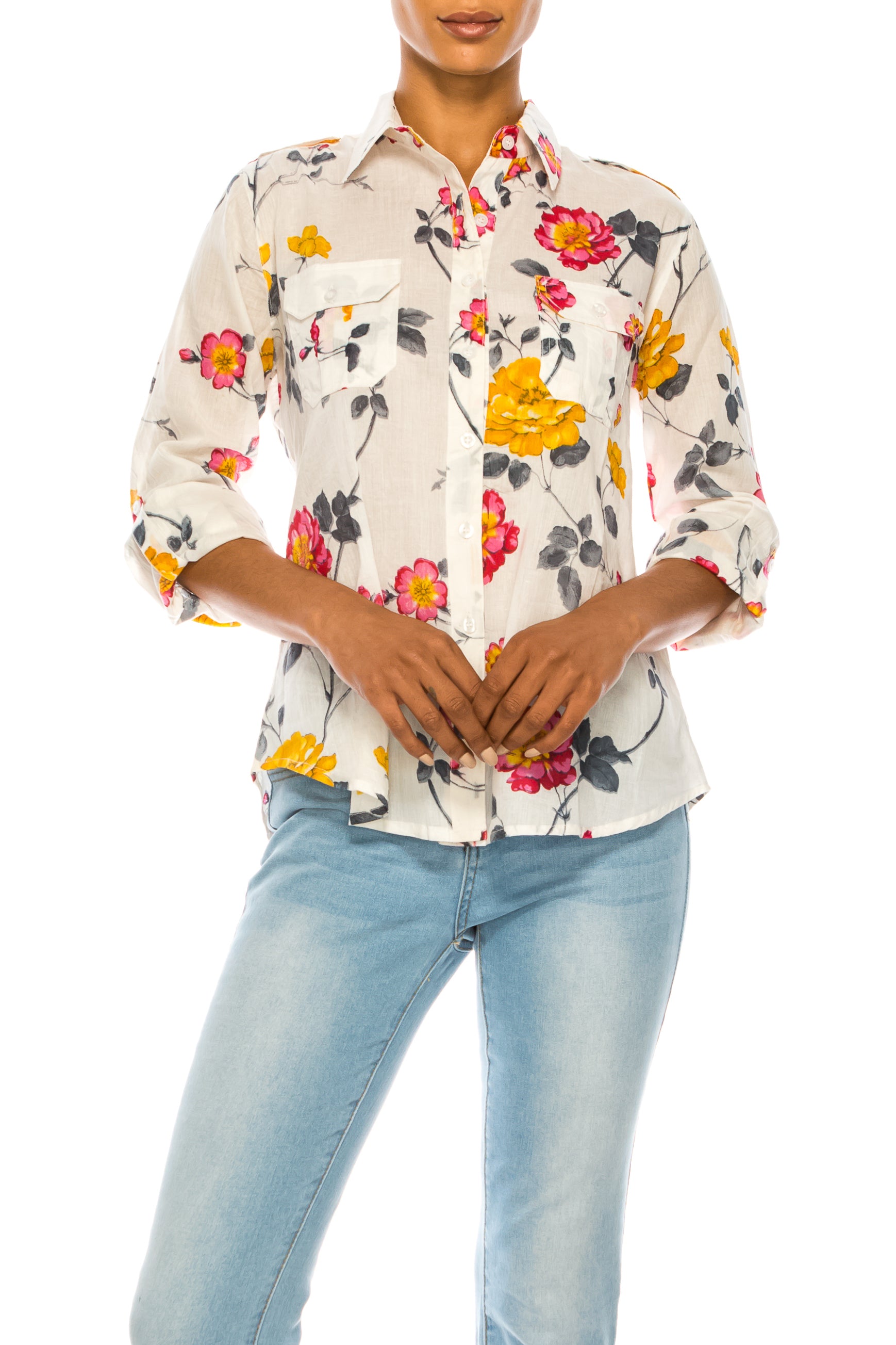 Floral Print Button-Down Shirt With Shoulder Epaulettes