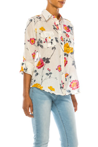 Floral Print Button-Down Shirt With Shoulder Epaulettes