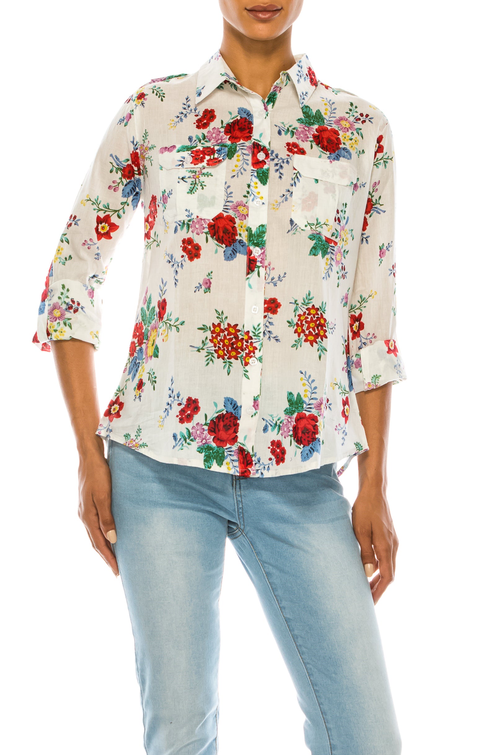 Floral Print Button-Down Shirt With Shoulder Epaulettes