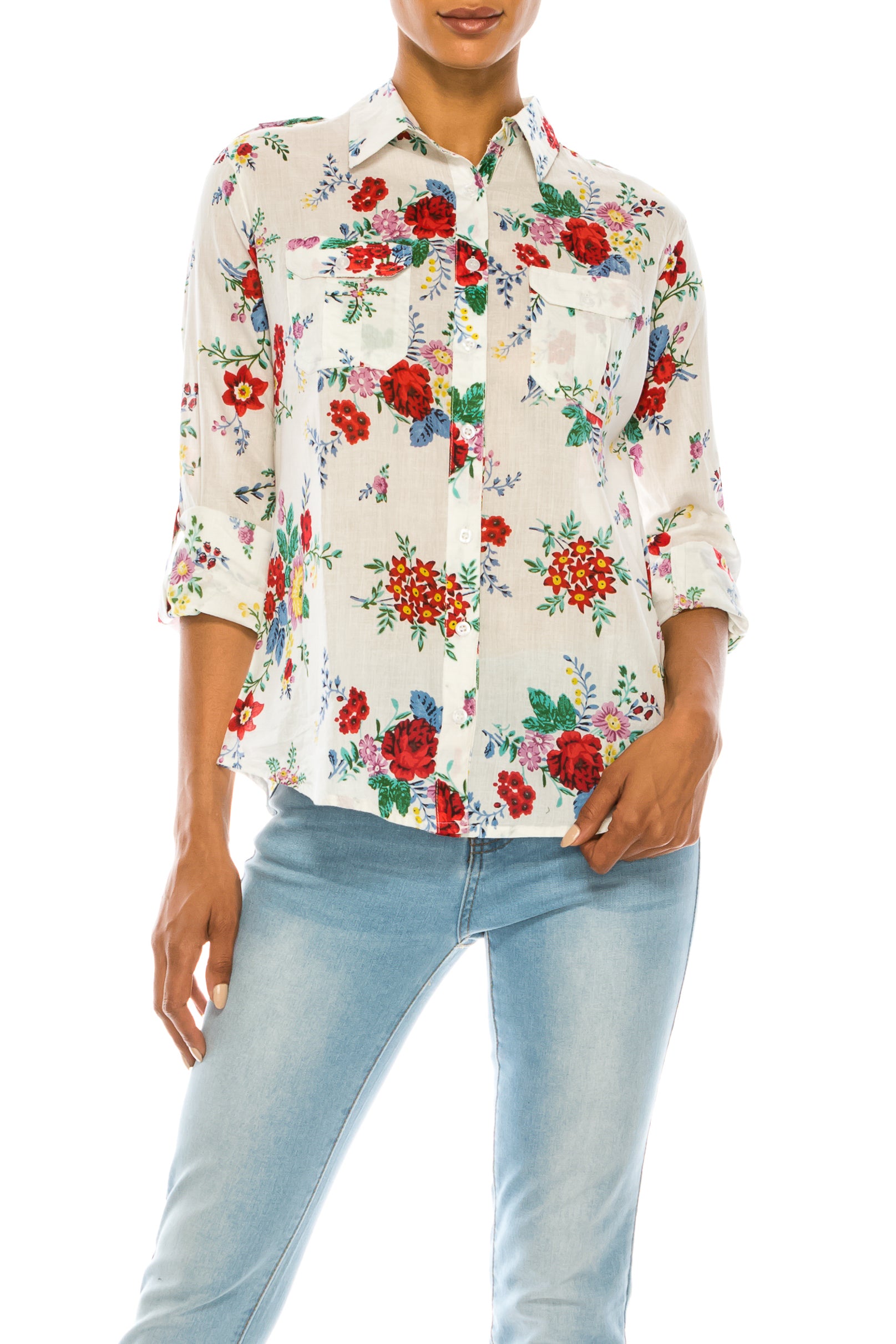 Floral Print Button-Down Shirt With Shoulder Epaulettes