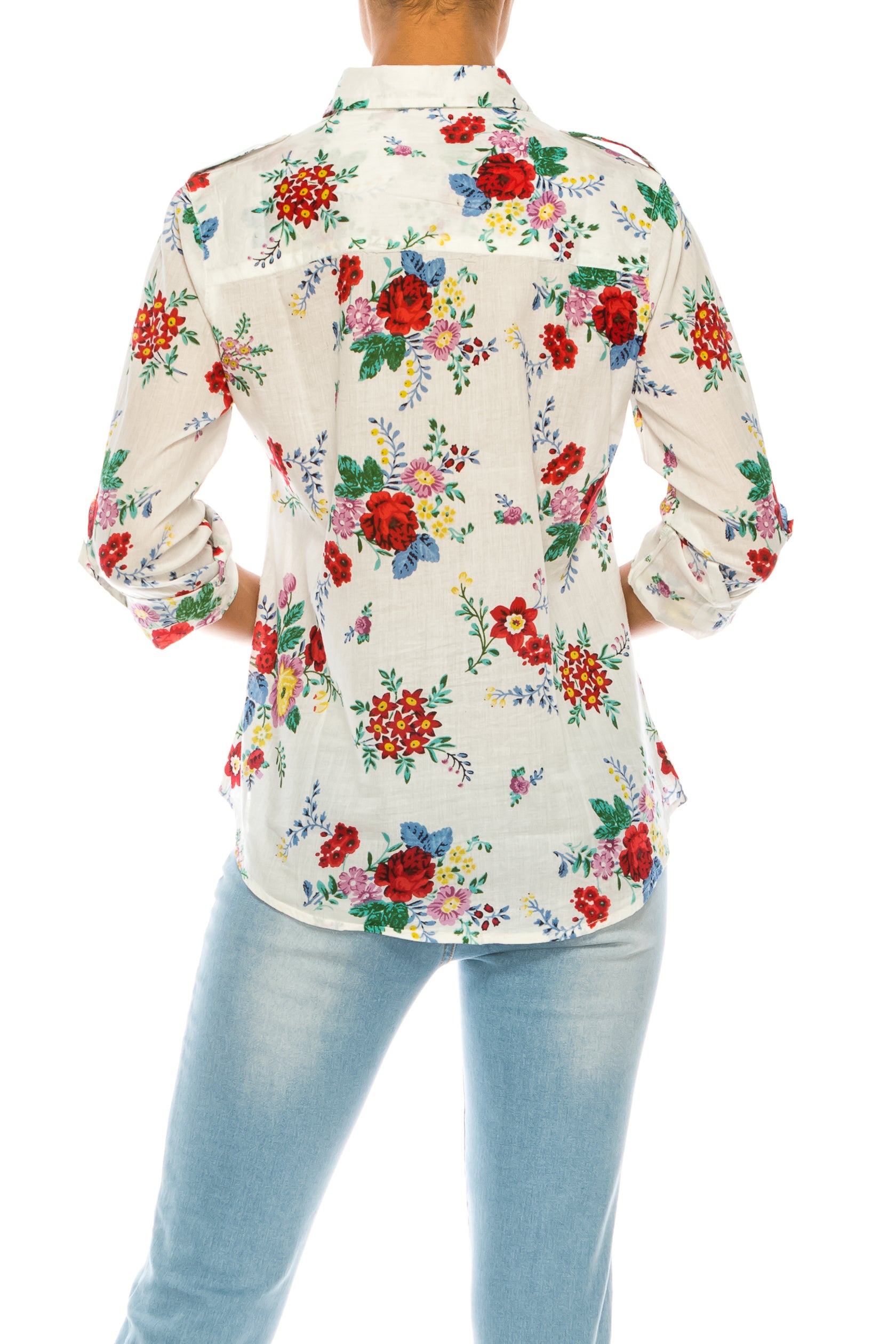 Floral Print Button-Down Shirt With Shoulder Epaulettes