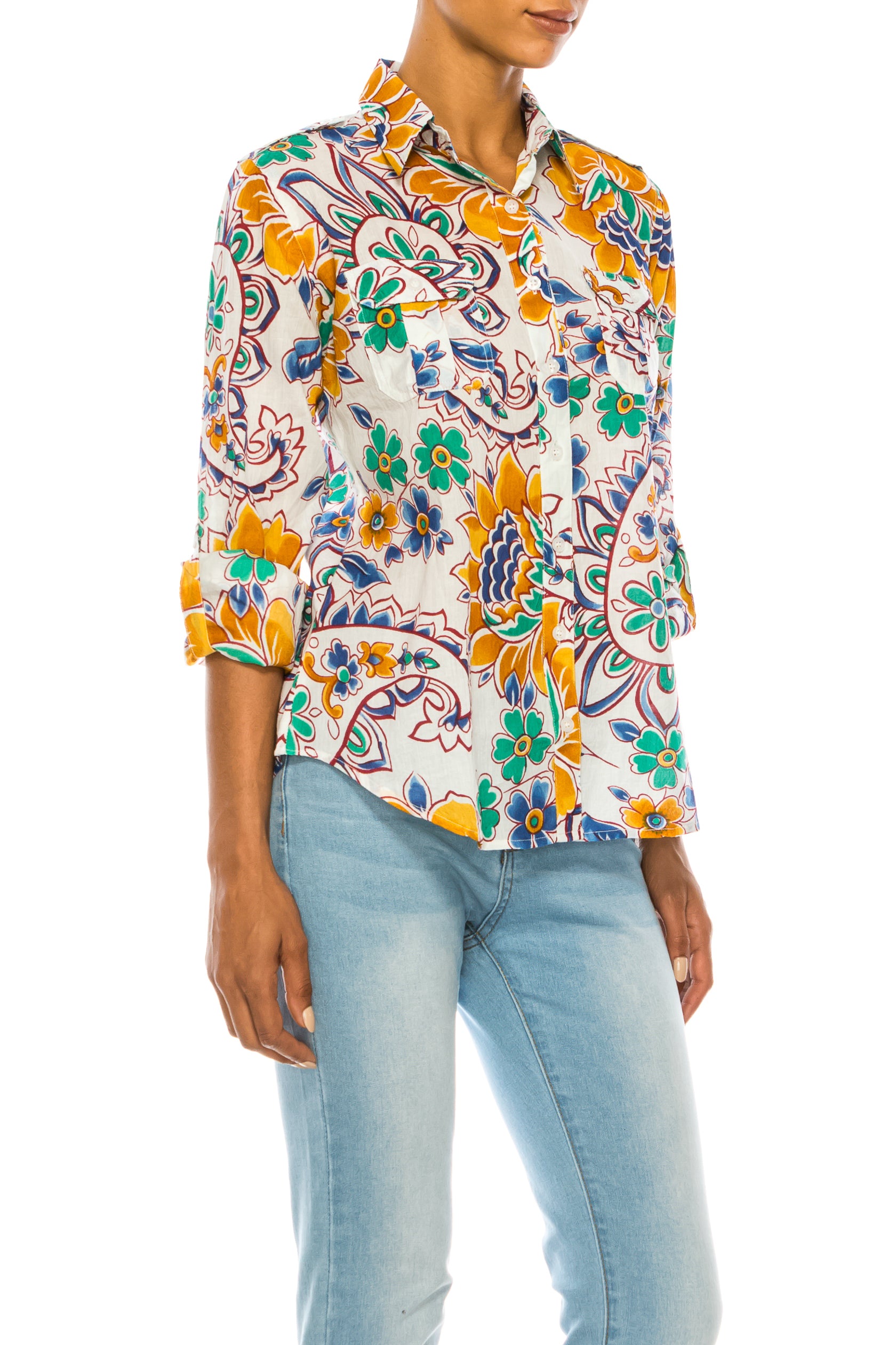 Floral Print Button-Down Shirt With Shoulder Epaulettes