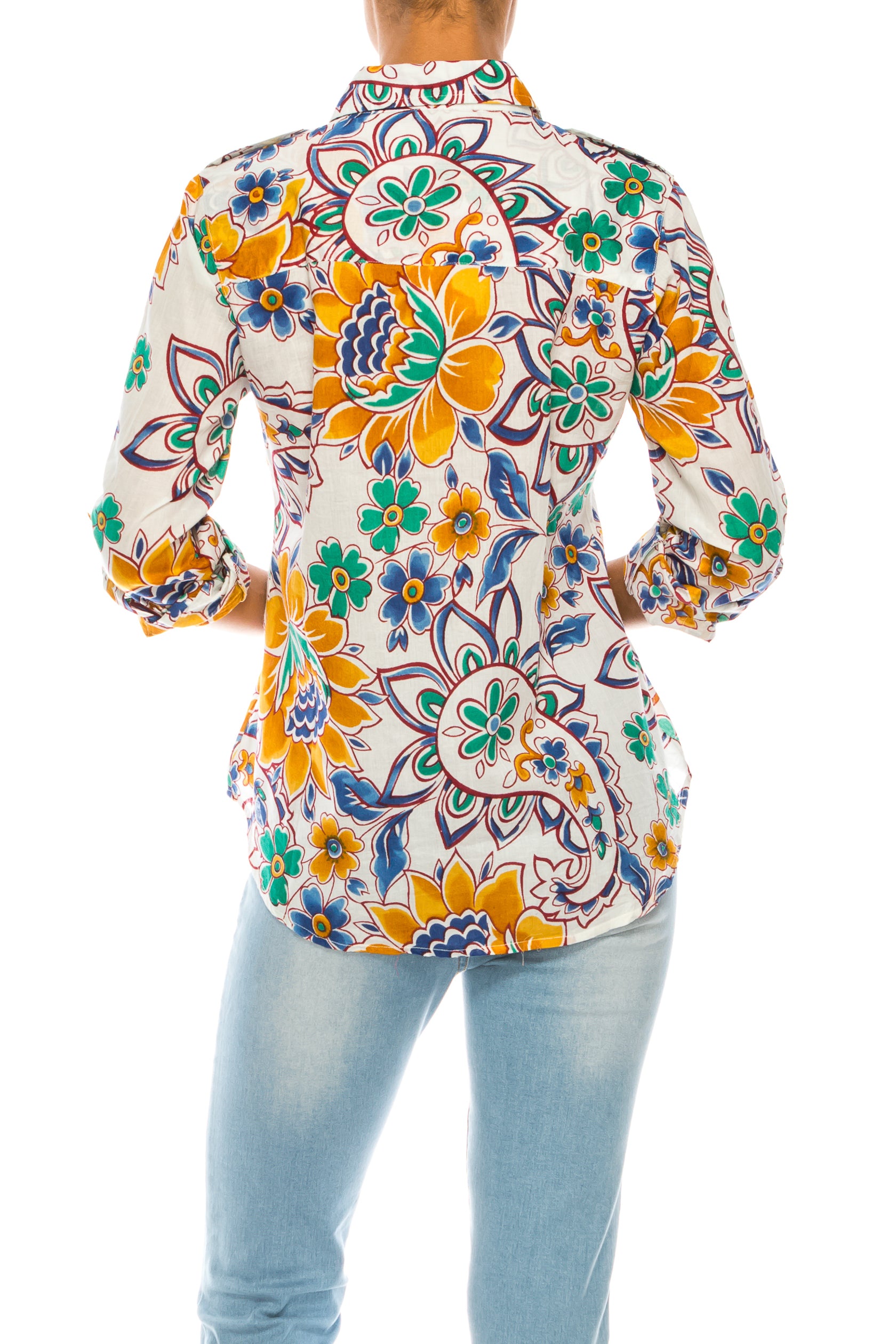 Floral Print Button-Down Shirt With Shoulder Epaulettes