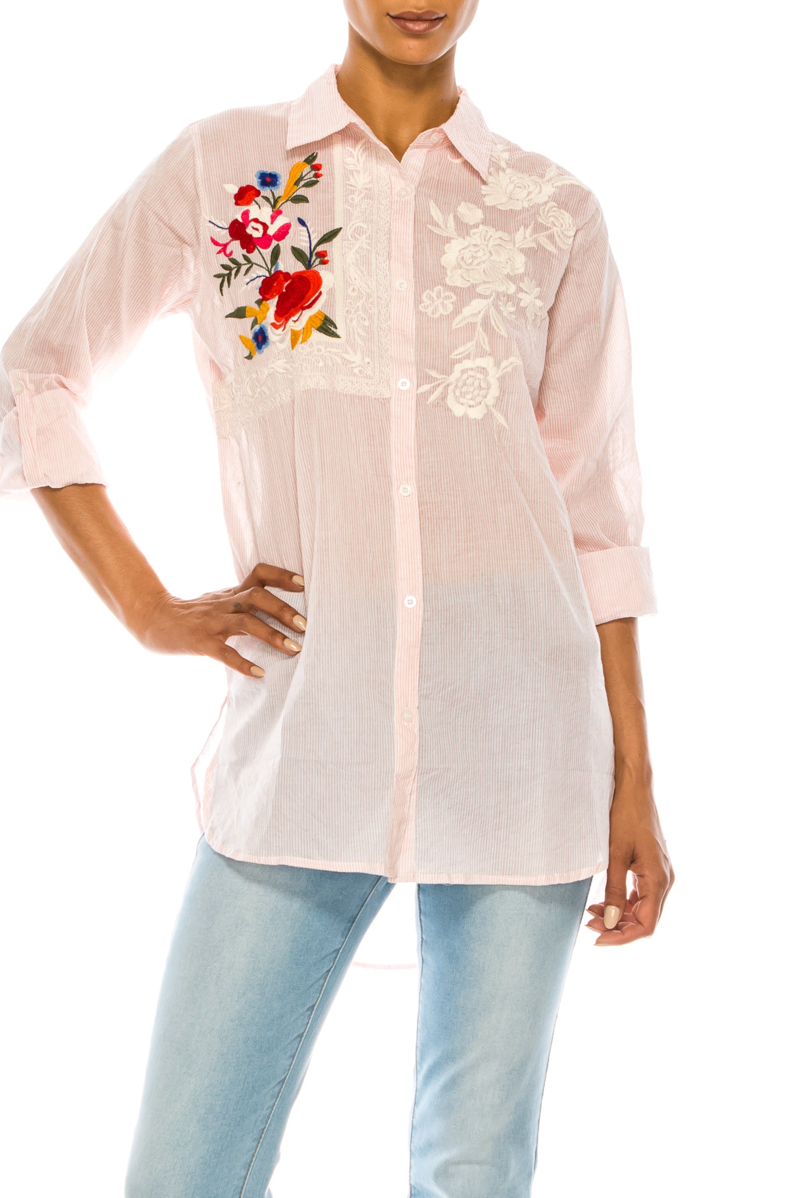 Striped Button-down Shirt with Floral Embroidery