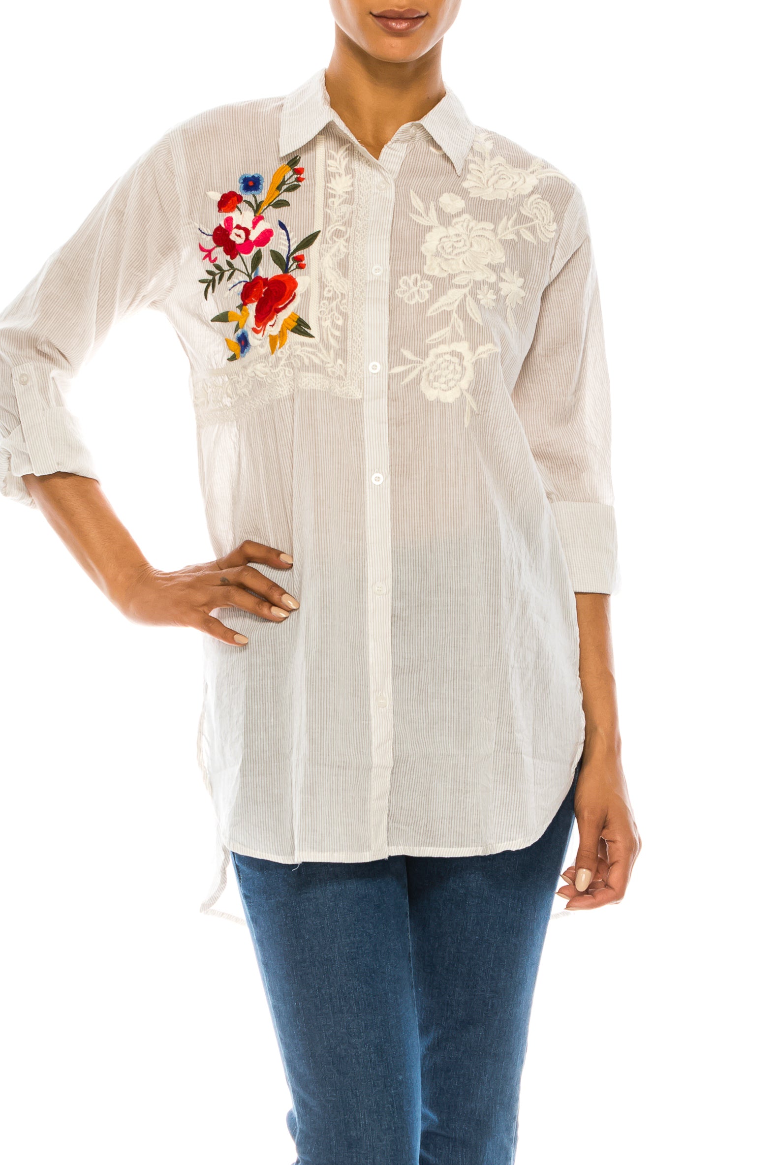 Striped Button-down Shirt with Floral Embroidery