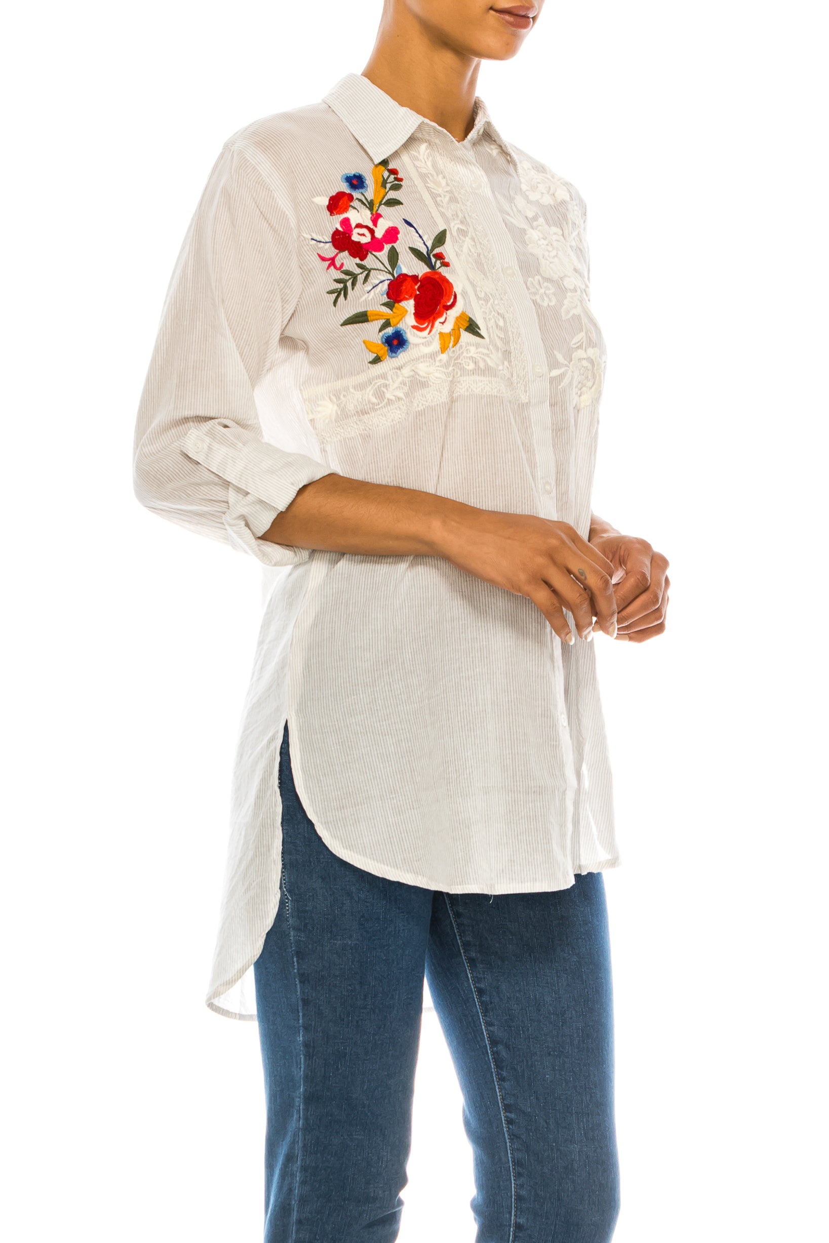 Striped Button-down Shirt with Floral Embroidery