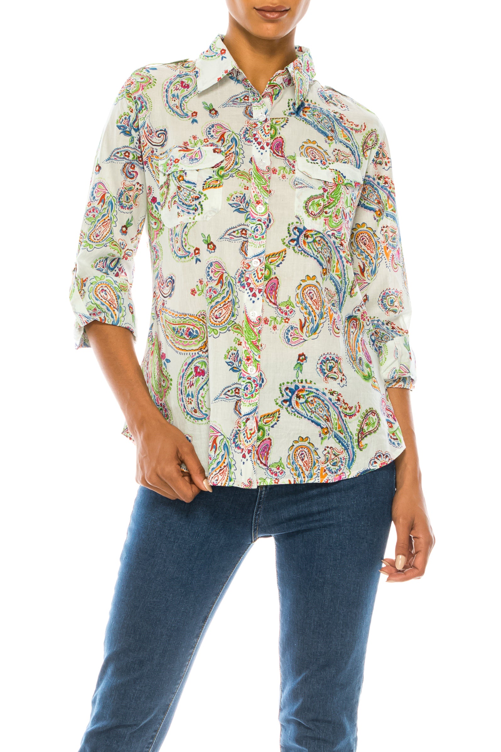 Paisley Print Button-Down Shirt with Shoulder Epaulettes