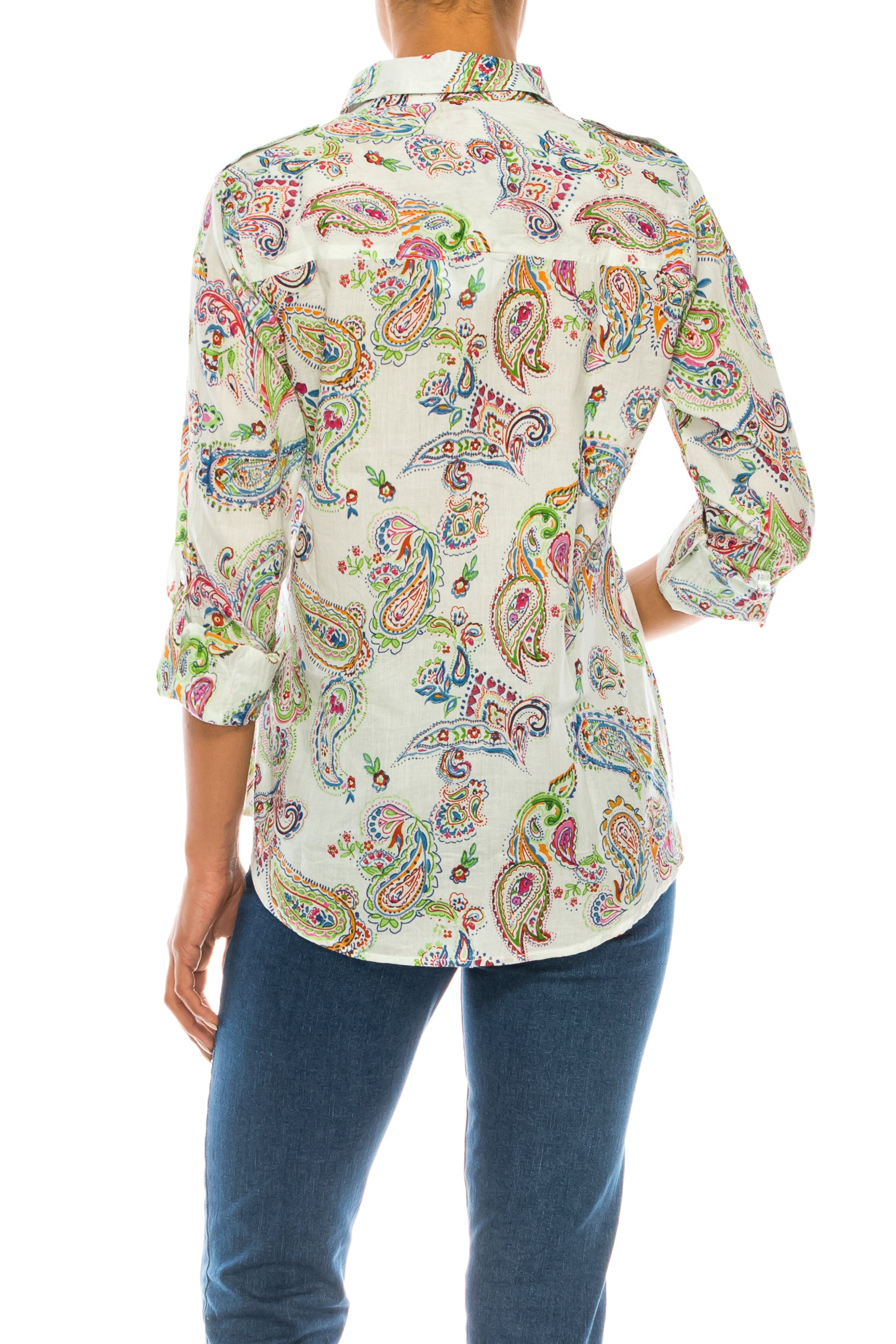 Paisley Print Button-Down Shirt with Shoulder Epaulettes