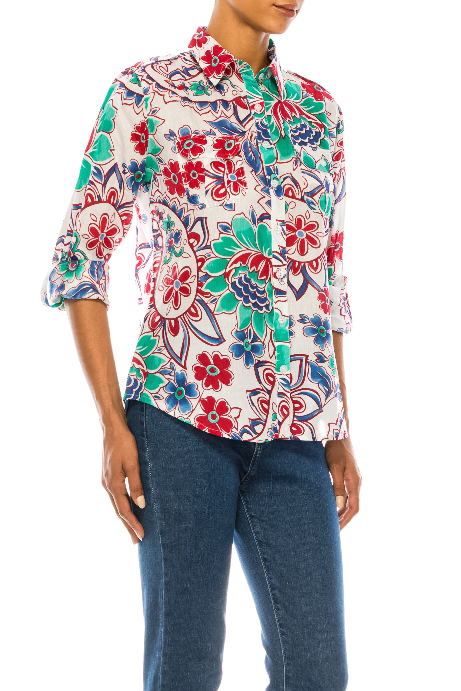 Floral Print Button-Down Shirt With Shoulder Epaulettes