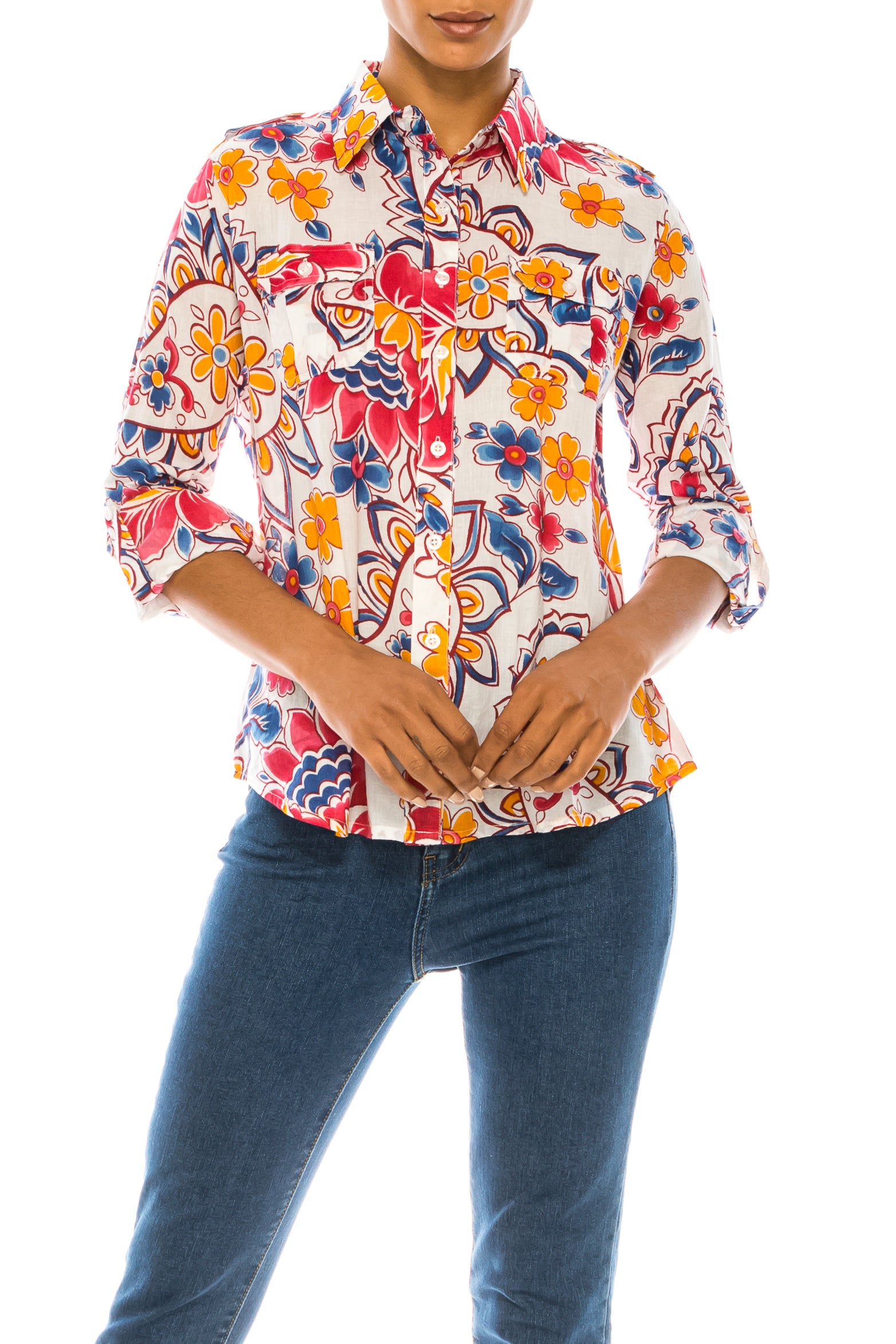 Floral Print Button-Down Shirt With Shoulder Epaulettes