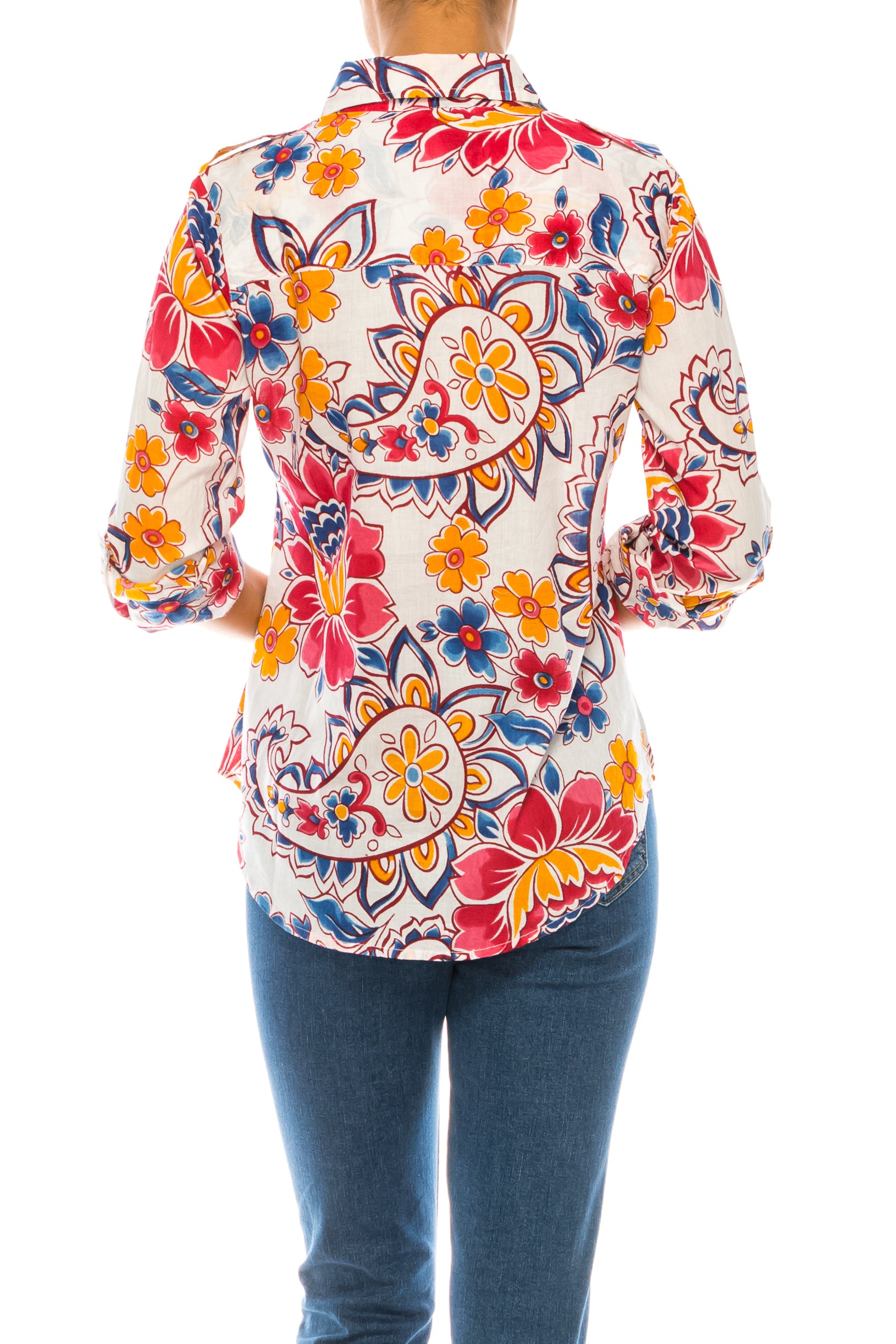 Floral Print Button-Down Shirt With Shoulder Epaulettes