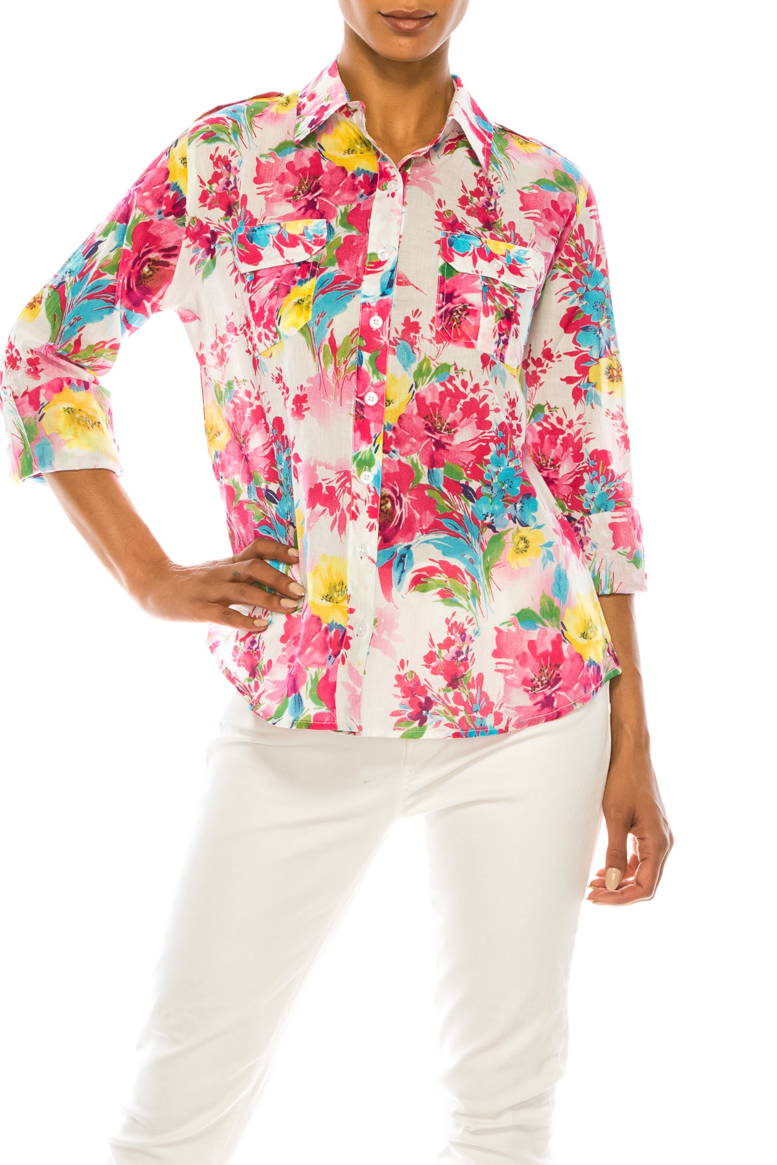 Floral Print Button-Down Shirt With Shoulder Epaulettes