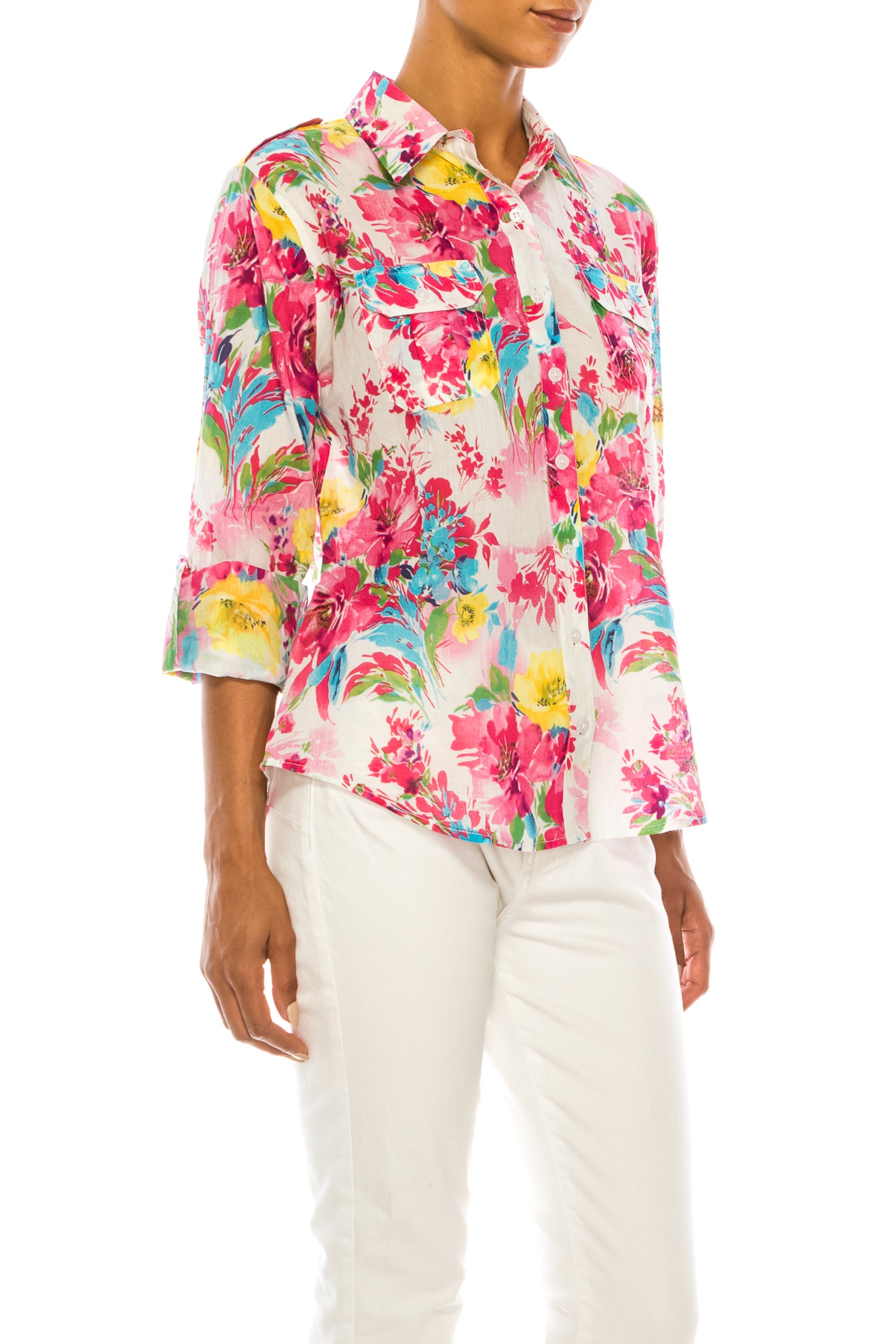 Floral Print Button-Down Shirt With Shoulder Epaulettes