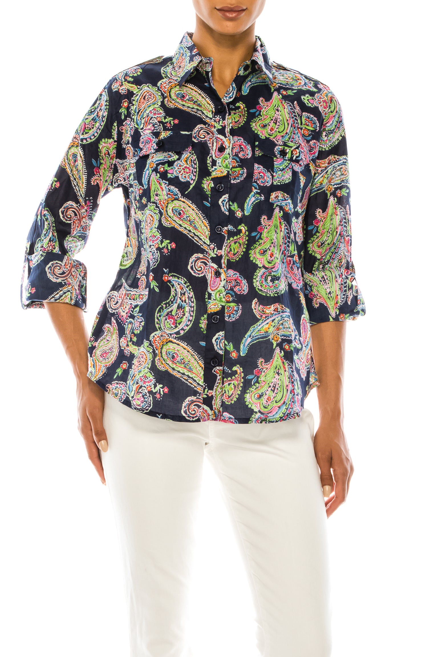 Paisley Print Button-Down Shirt with Shoulder Epaulettes