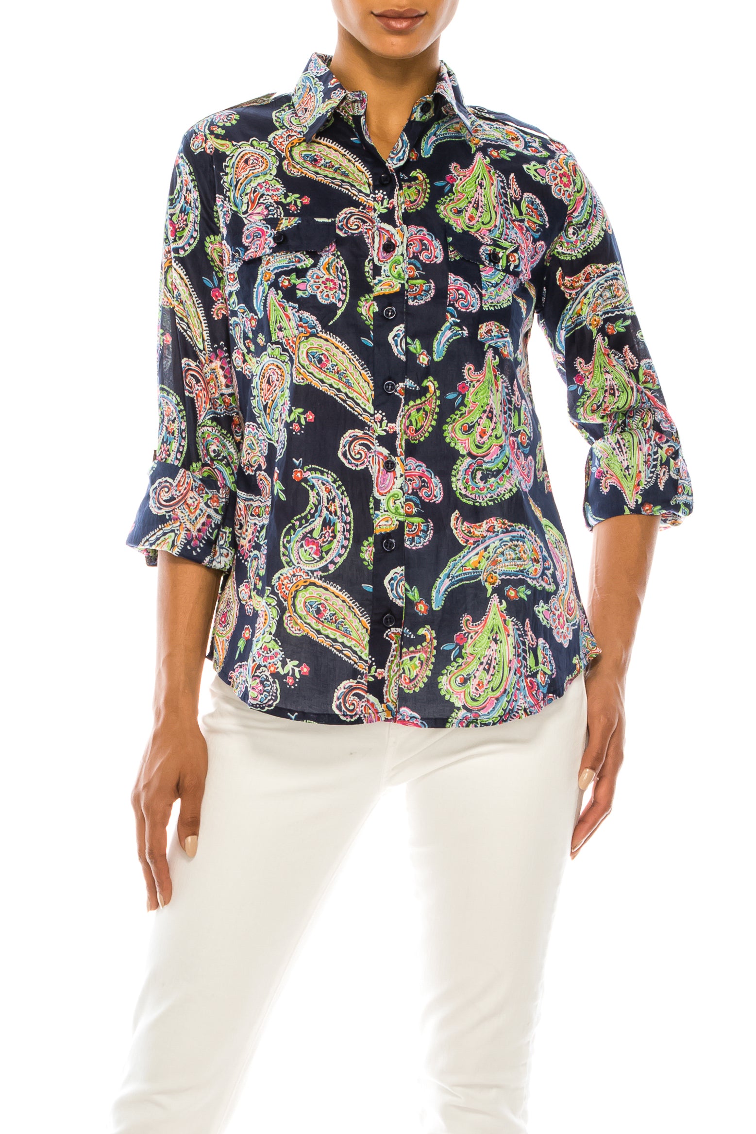 Paisley Print Button-Down Shirt with Shoulder Epaulettes