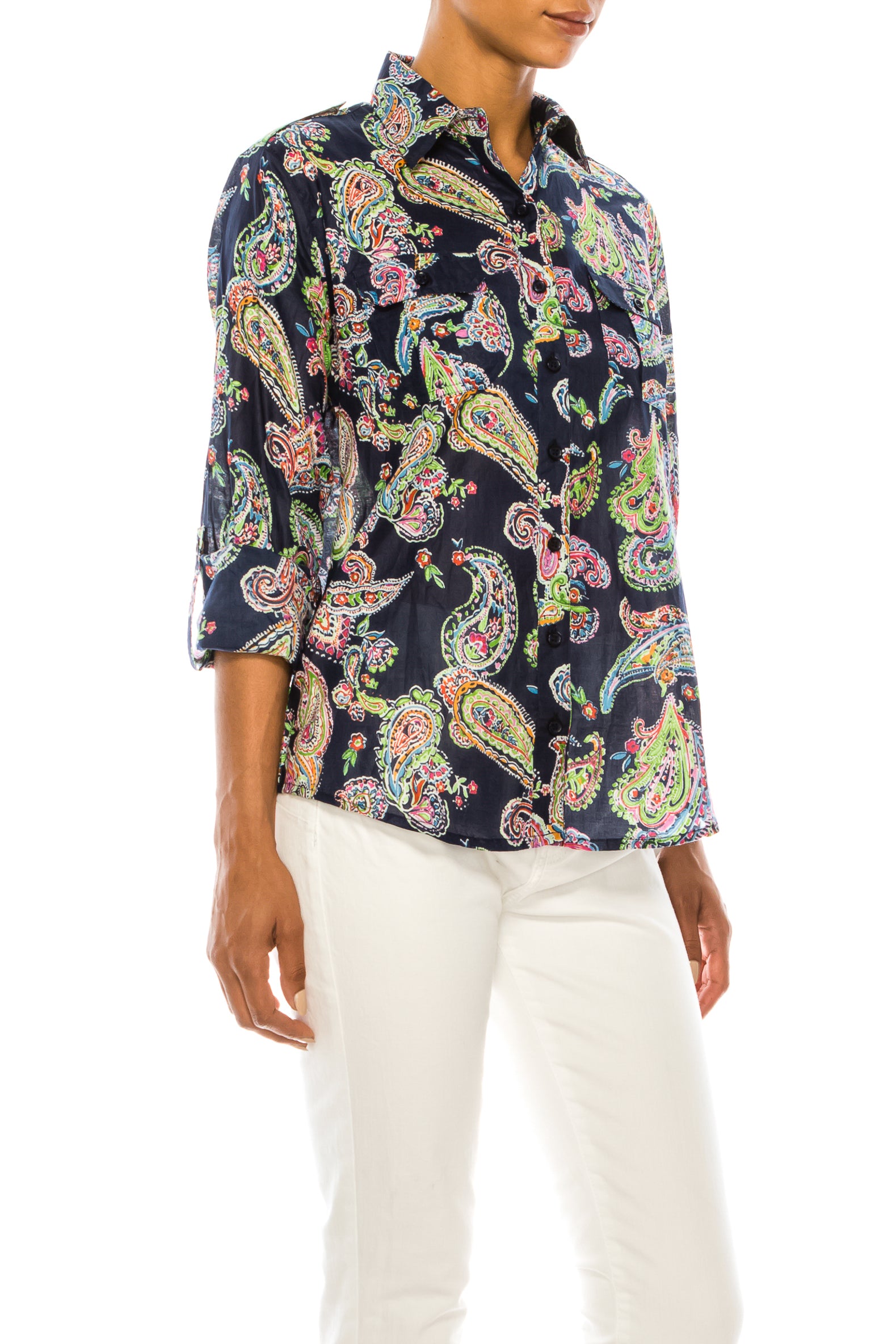 Paisley Print Button-Down Shirt with Shoulder Epaulettes