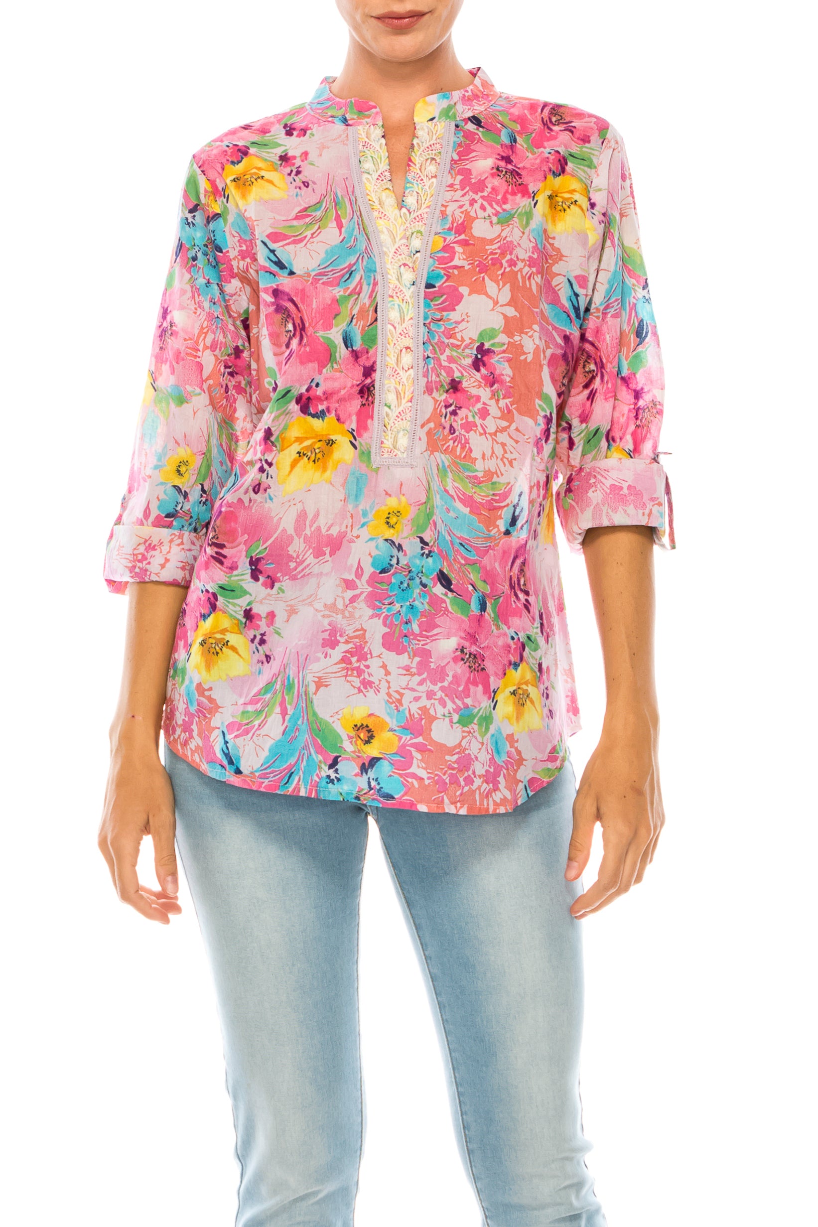 Pink Floral Printed Tunic with Embroidery