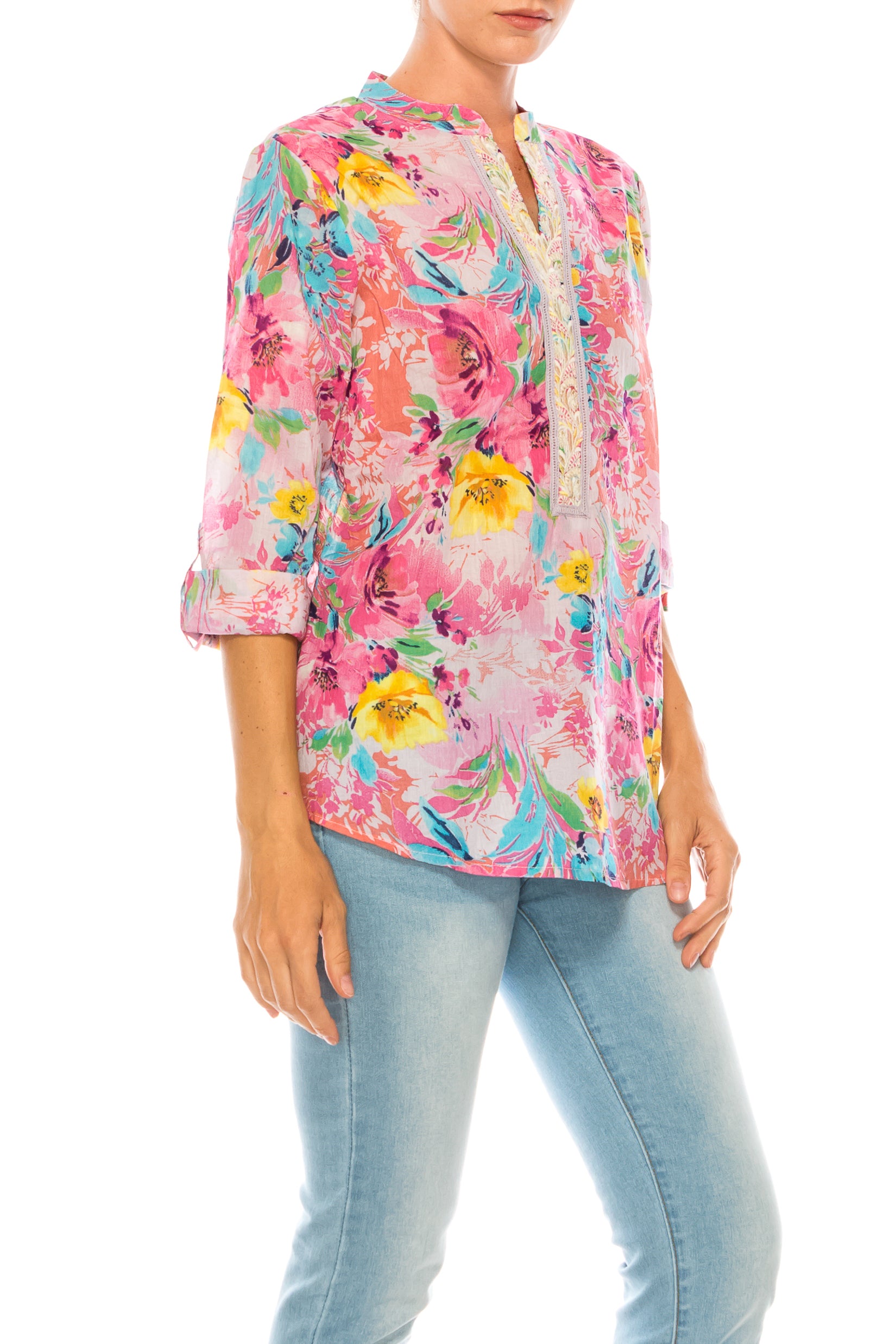 Pink Floral Printed Tunic with Embroidery