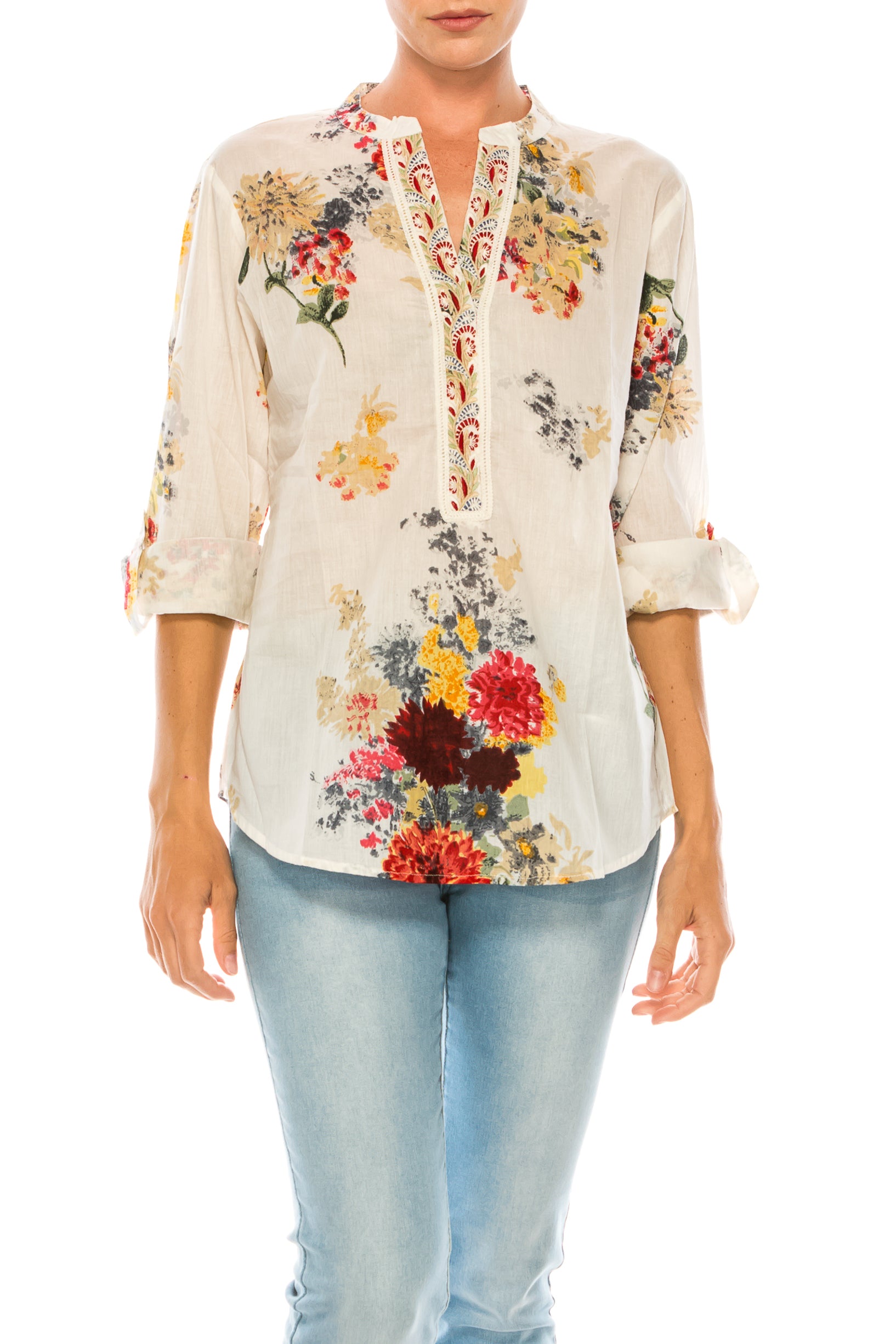 Ivory Floral Printed Tunic with Embroidery