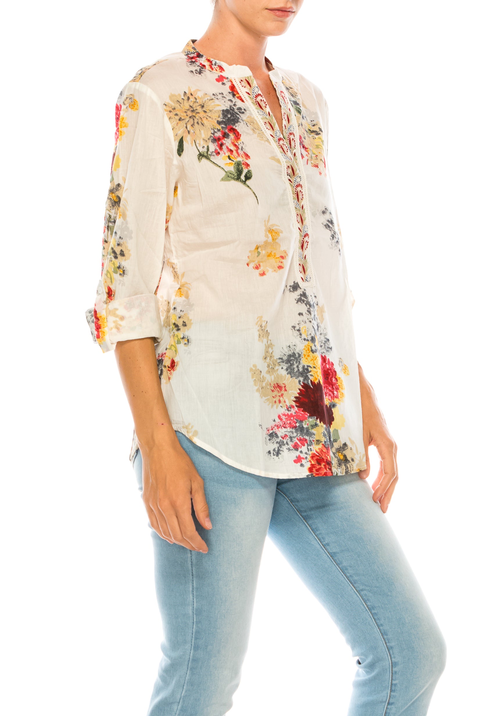 Ivory Floral Printed Tunic with Embroidery