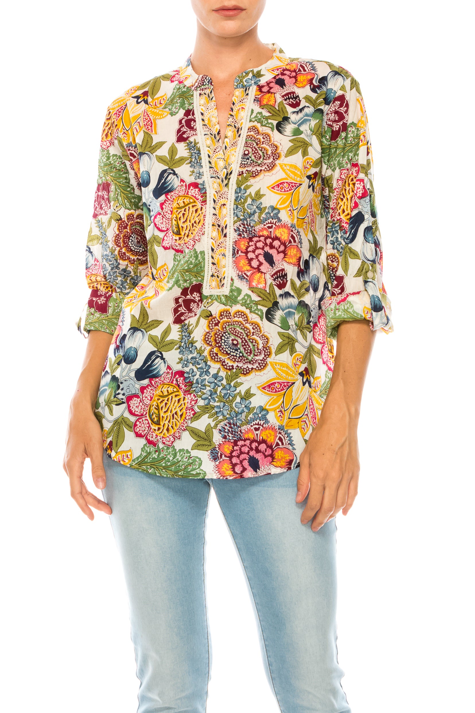 Ivory Floral Printed Tunic with Embroidery