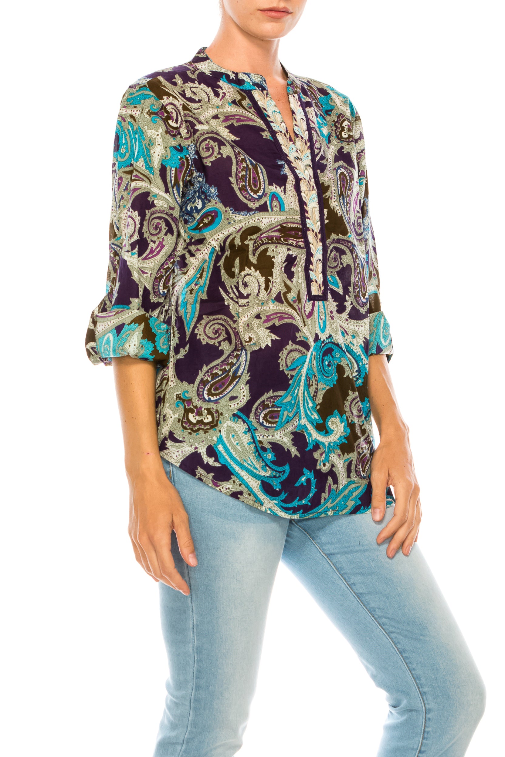 Navy Paisley Printed Tunic with Embroidery