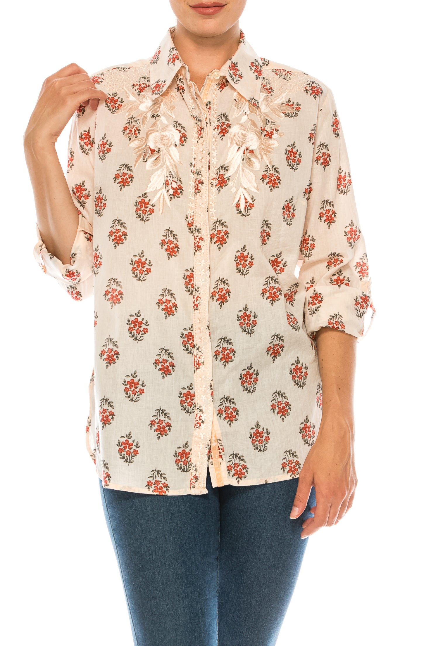 Floral Printed Shirt with Embroidery