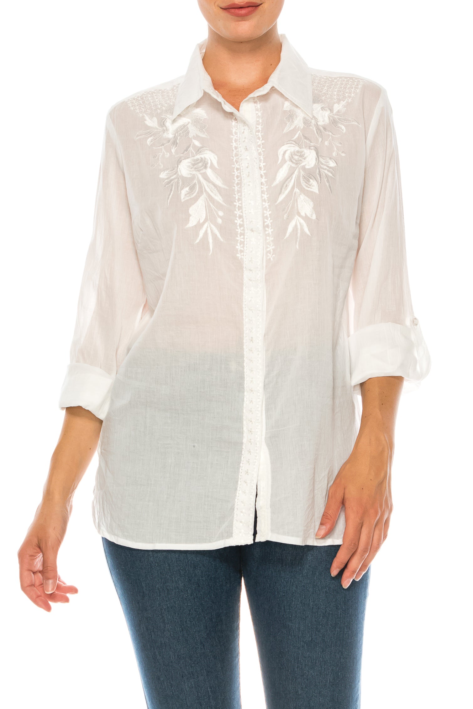 White Button-Down Shirt with Embroidery