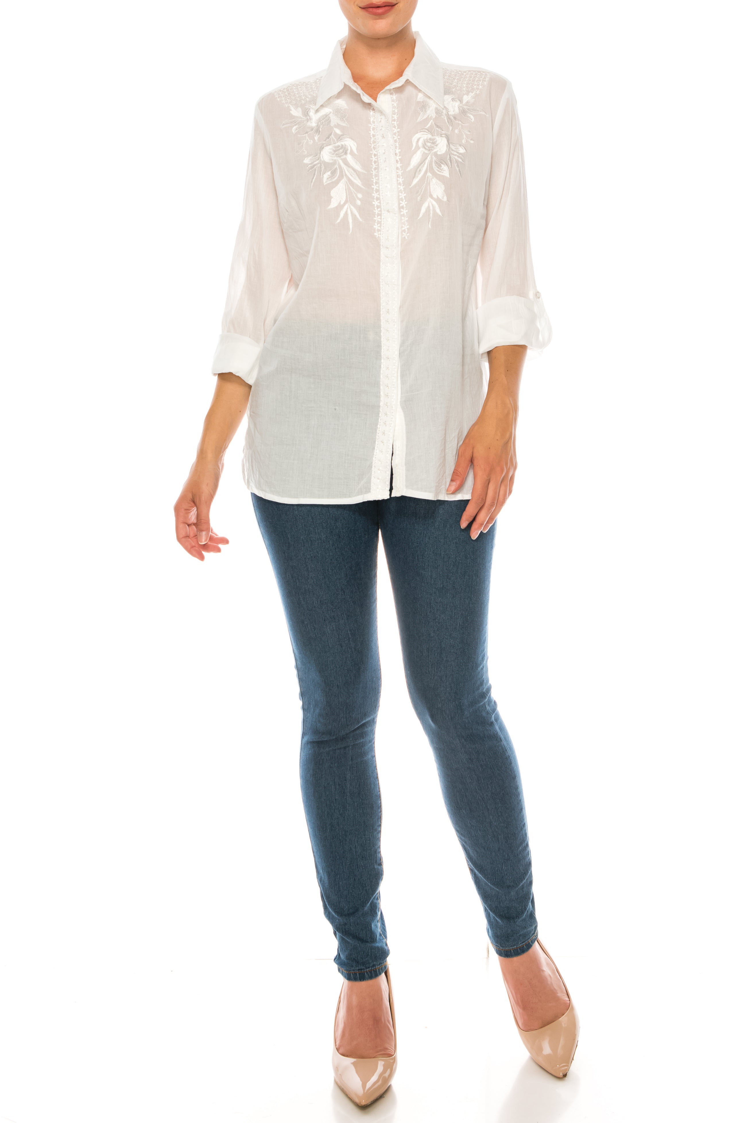 White Button-Down Shirt with Embroidery