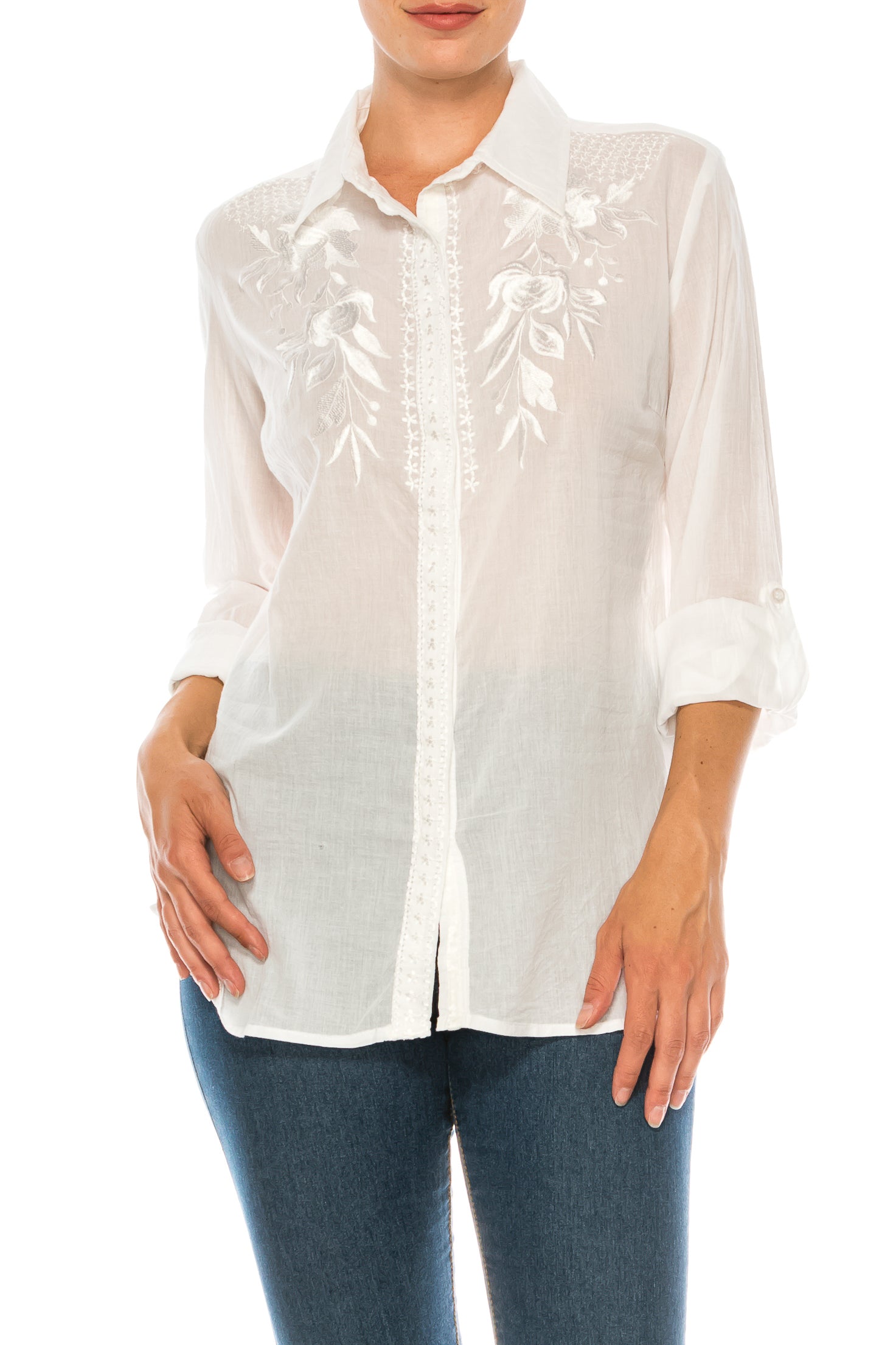 White Button-Down Shirt with Embroidery