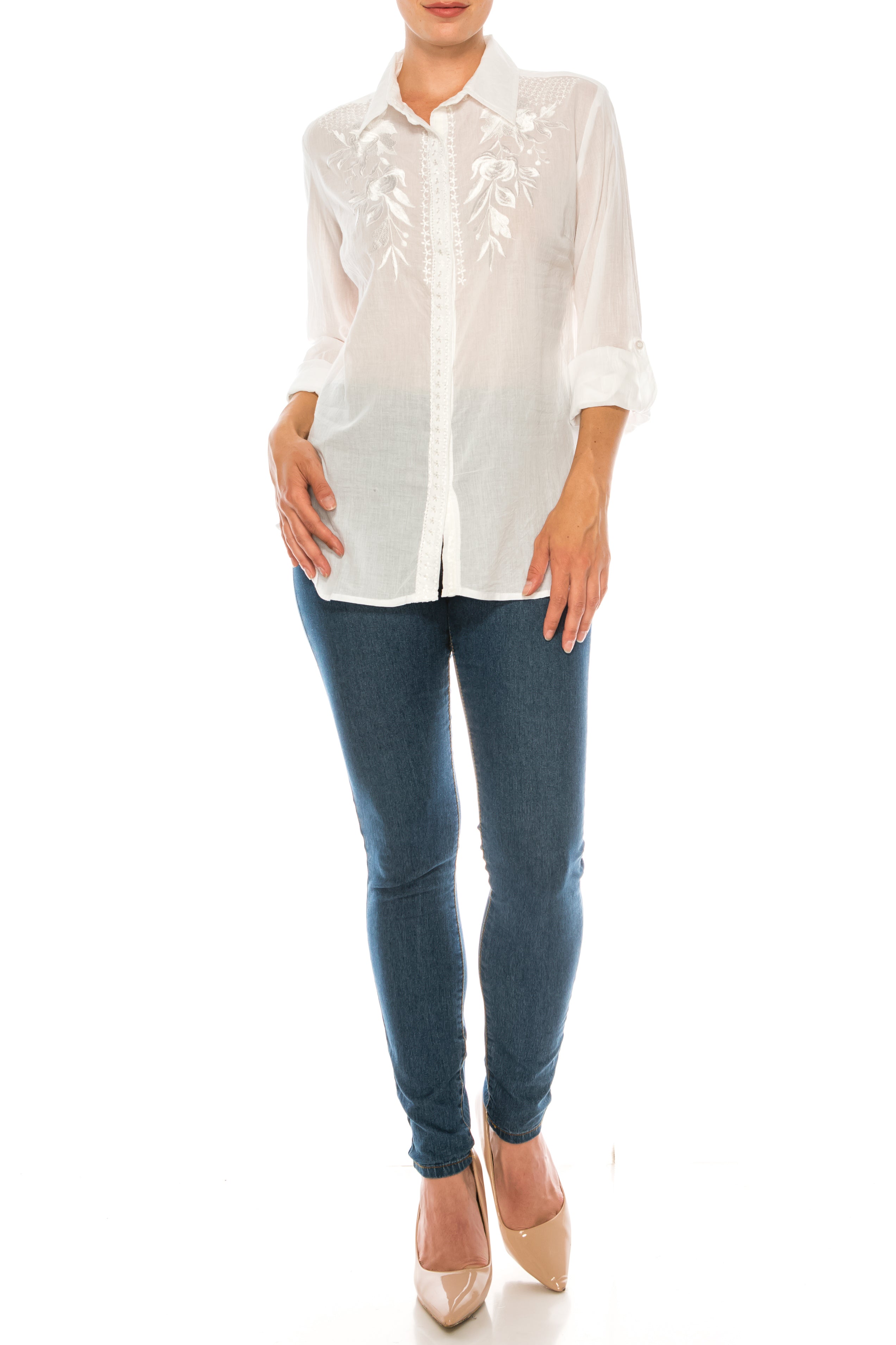 White Button-Down Shirt with Embroidery