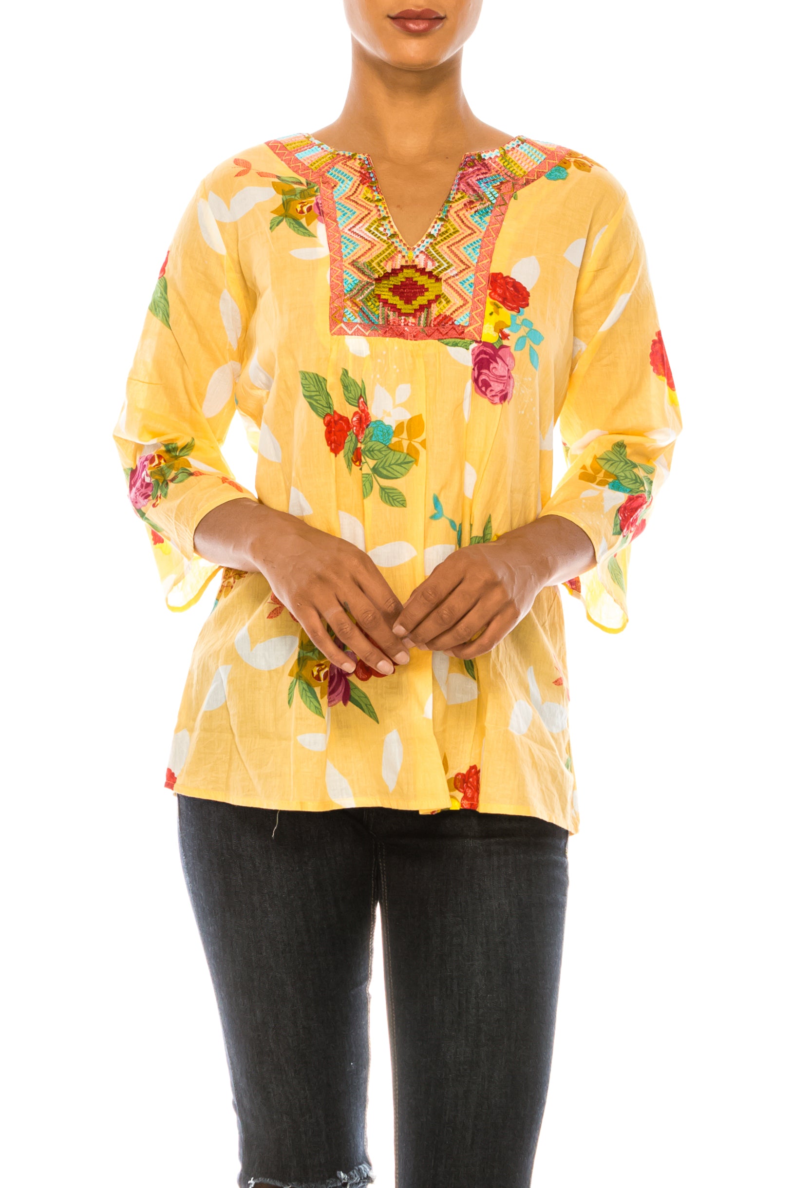 Yellow Boho Floral Tunic with Embroidery