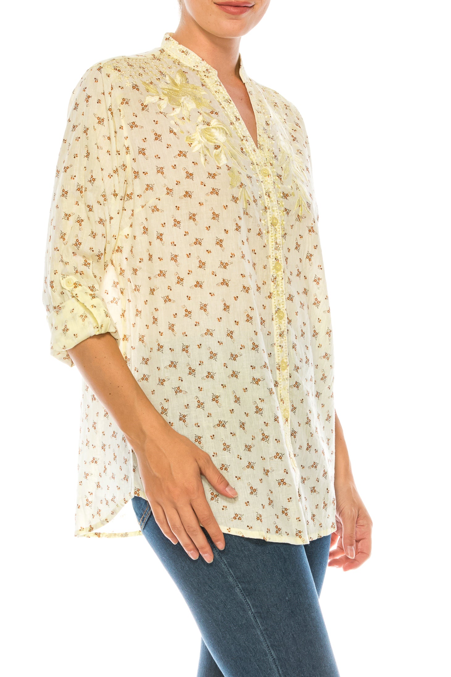 Floral Printed Button-Down Tunic with Embroidery