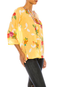 Yellow Boho Floral Tunic with Embroidery