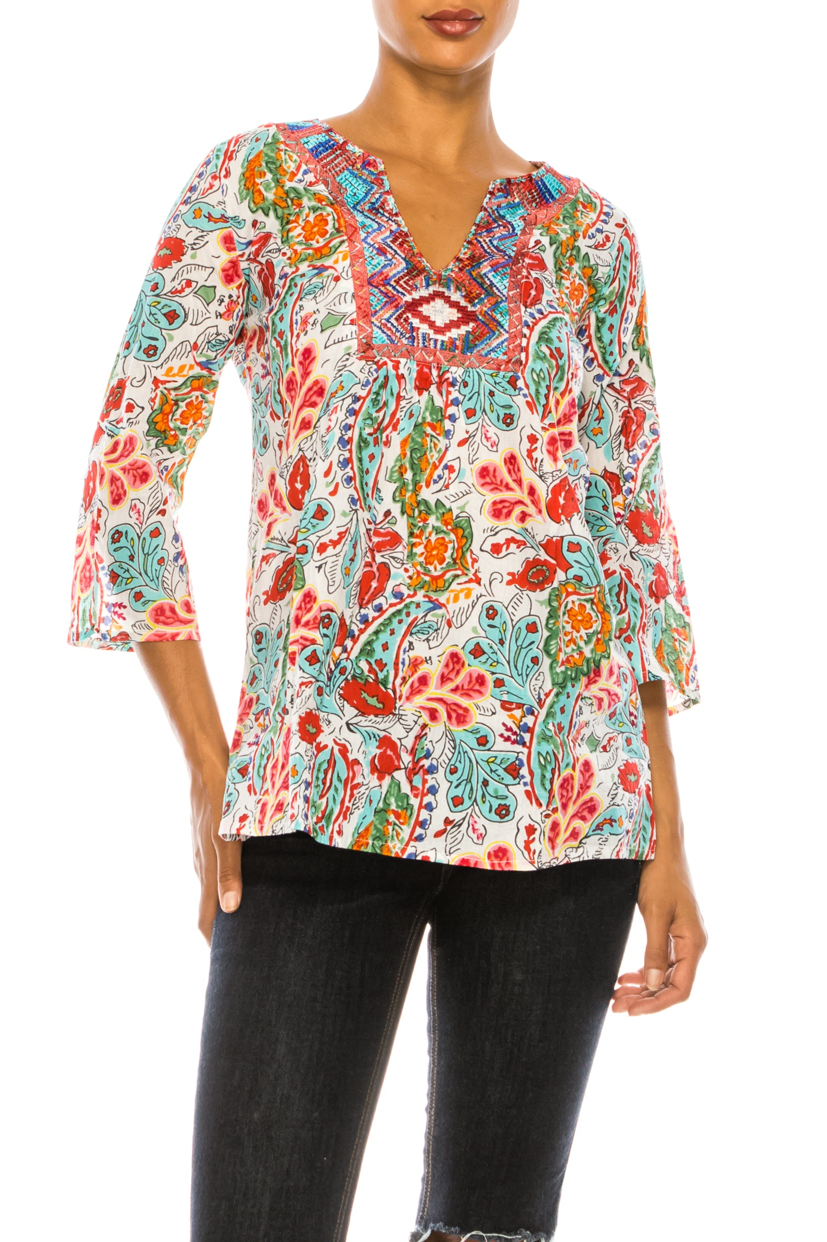 Ivory Paisley Floral Tunic with Embroidery