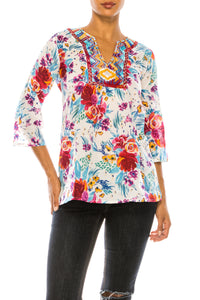 Cream Floral Boho Floral Tunic with Embroidery