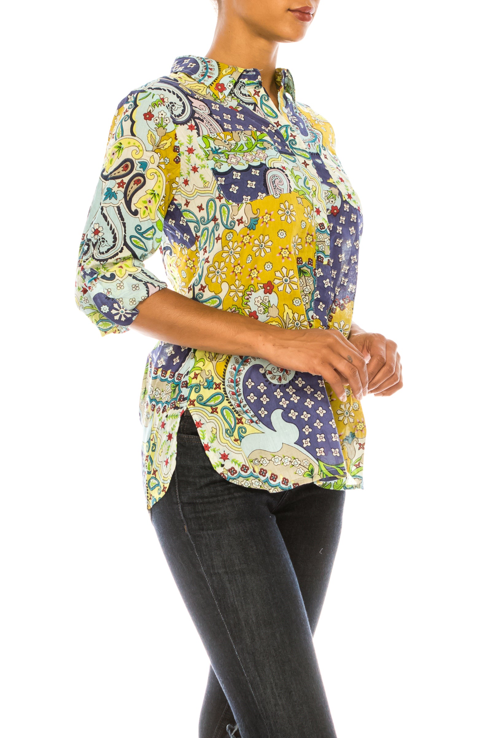 Patchwork Floral Paisley Print Button-Down Shirt