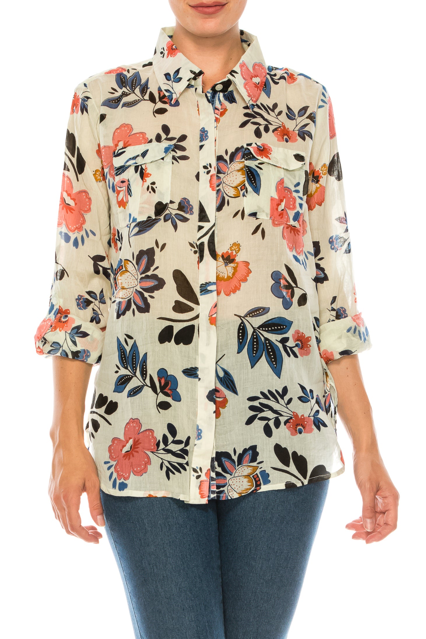 Floral Printed Button-Down Shirt with Vintage Wash