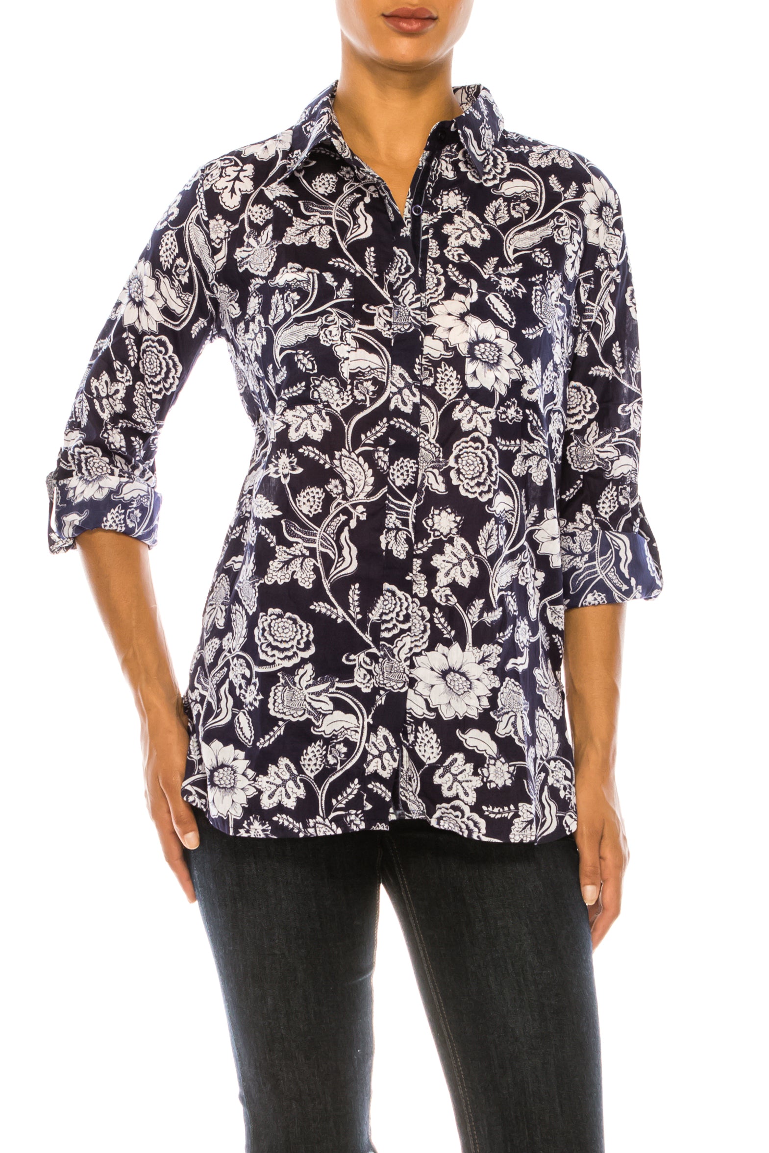 Dark Navy Floral Printed Button-Down Shirt