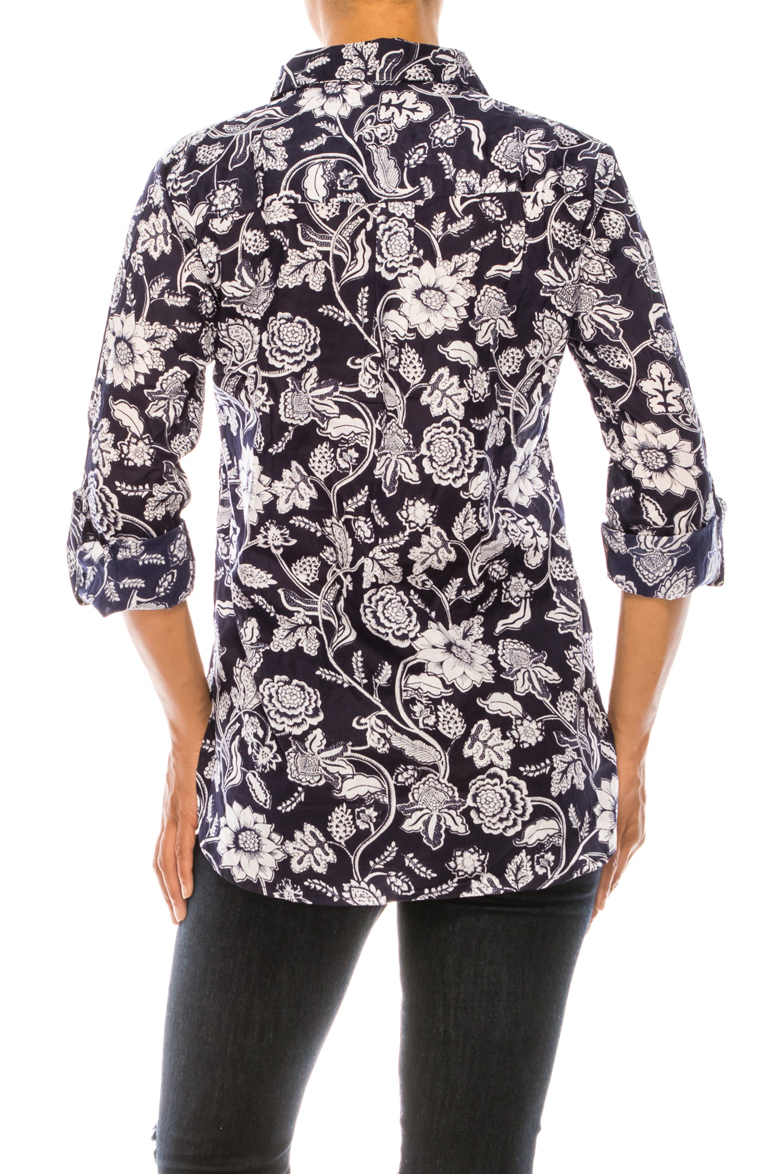 Dark Navy Floral Printed Button-Down Shirt