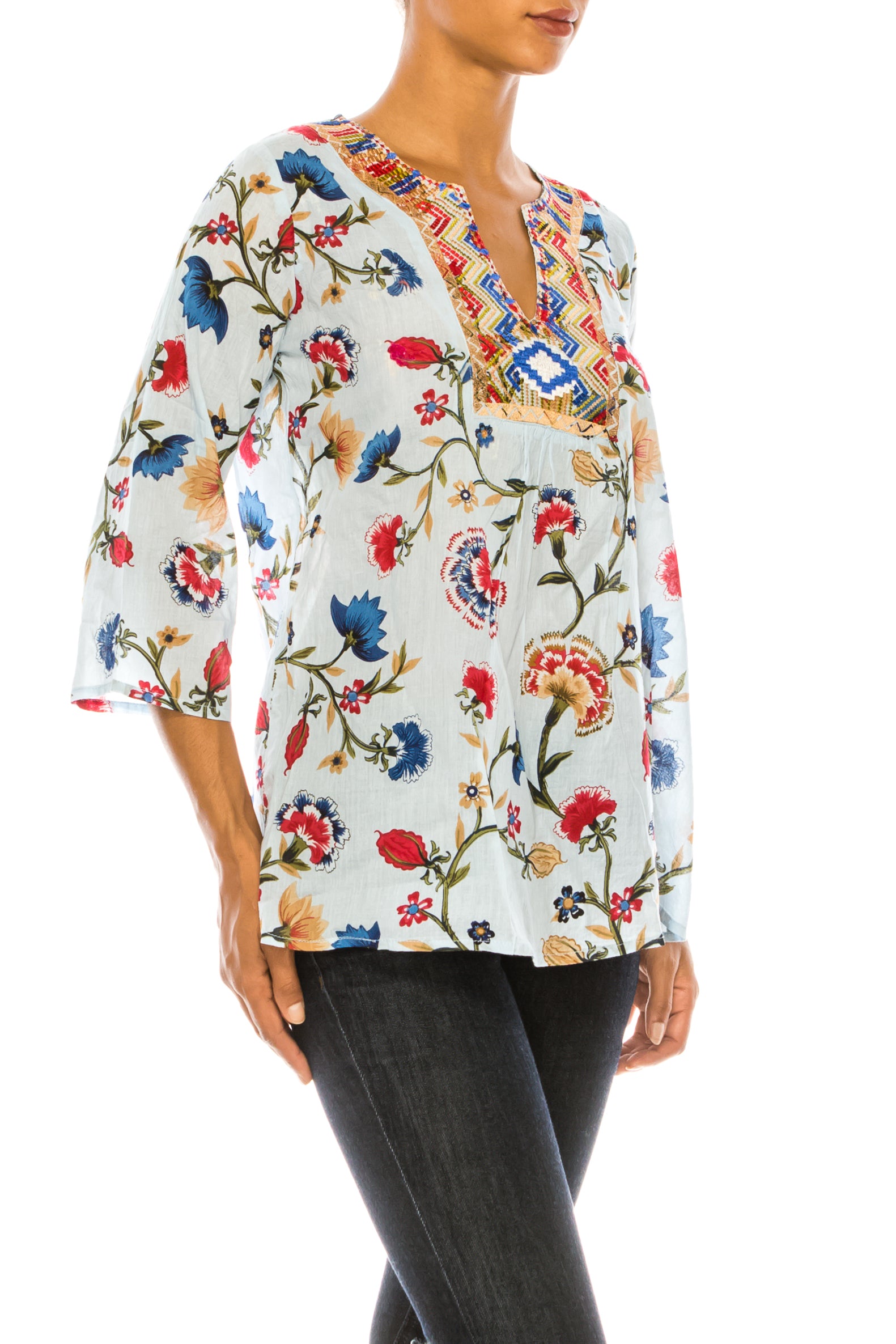 Light Blue Boho Floral Tunic with Embroidery