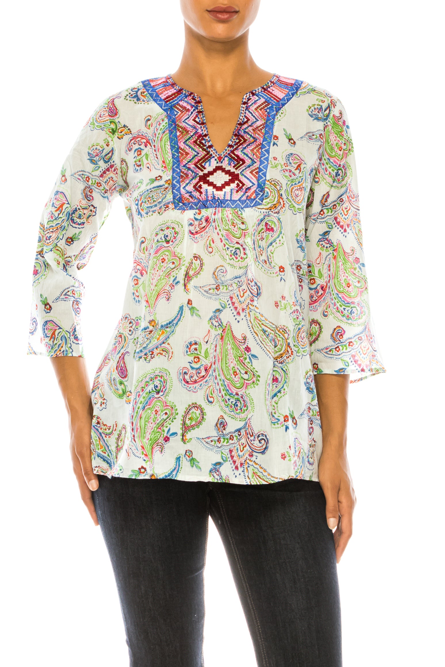 Cream Paisley Floral Tunic with Embroidery