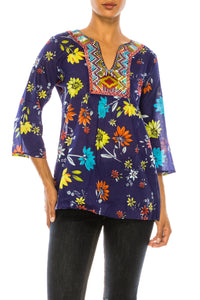 Navy Boho Floral Tunic with Embroidery