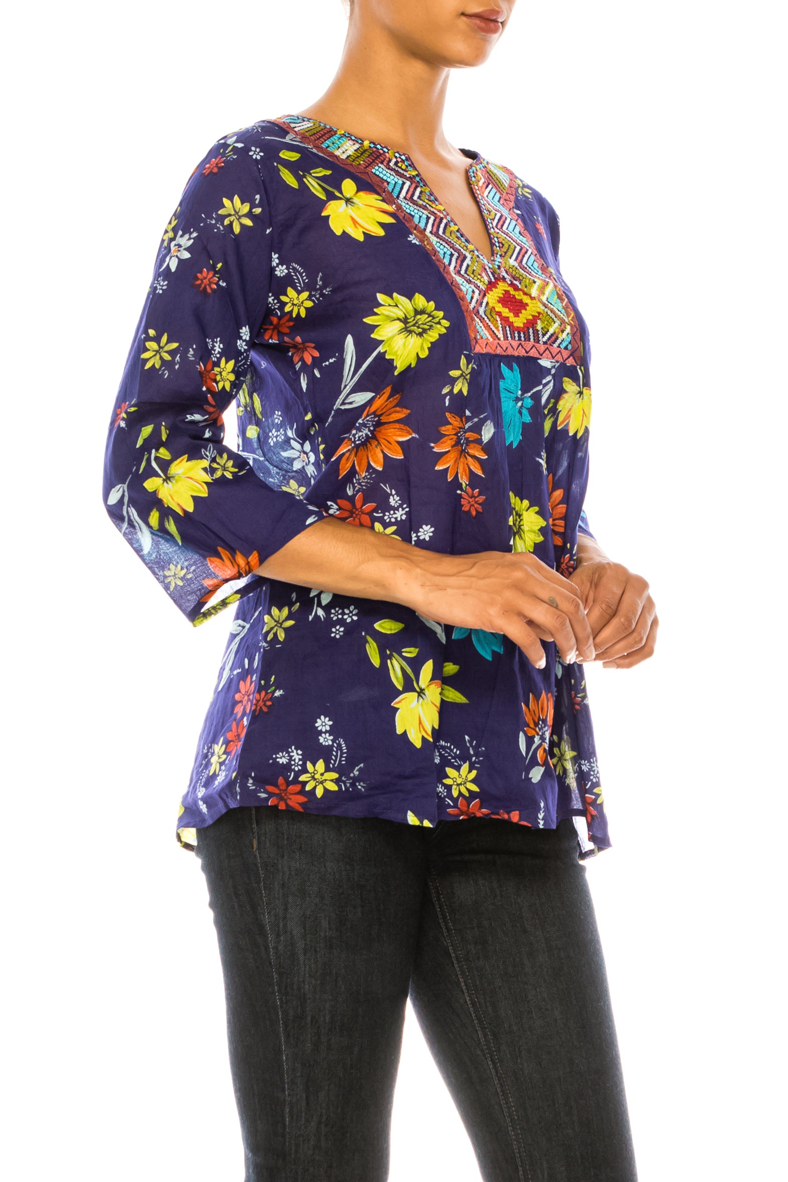 Navy Boho Floral Tunic with Embroidery