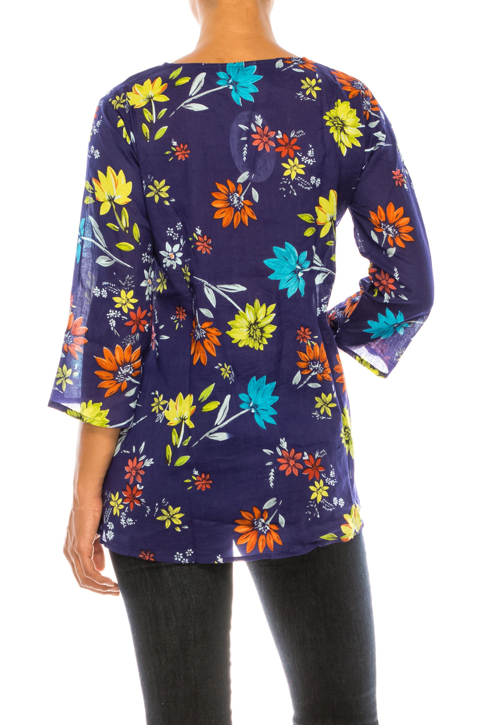 Navy Boho Floral Tunic with Embroidery